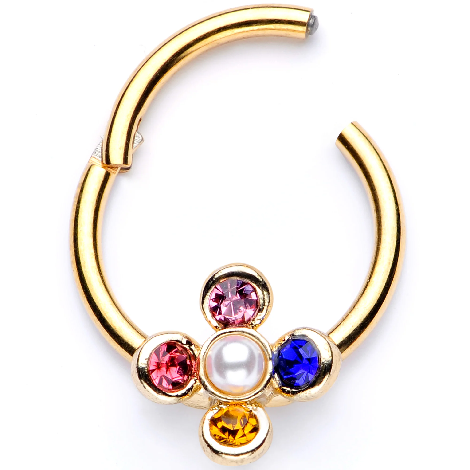 16G 3/8 Pink Blue Gem Gold Tone Hinged Segment Ring - Image 2