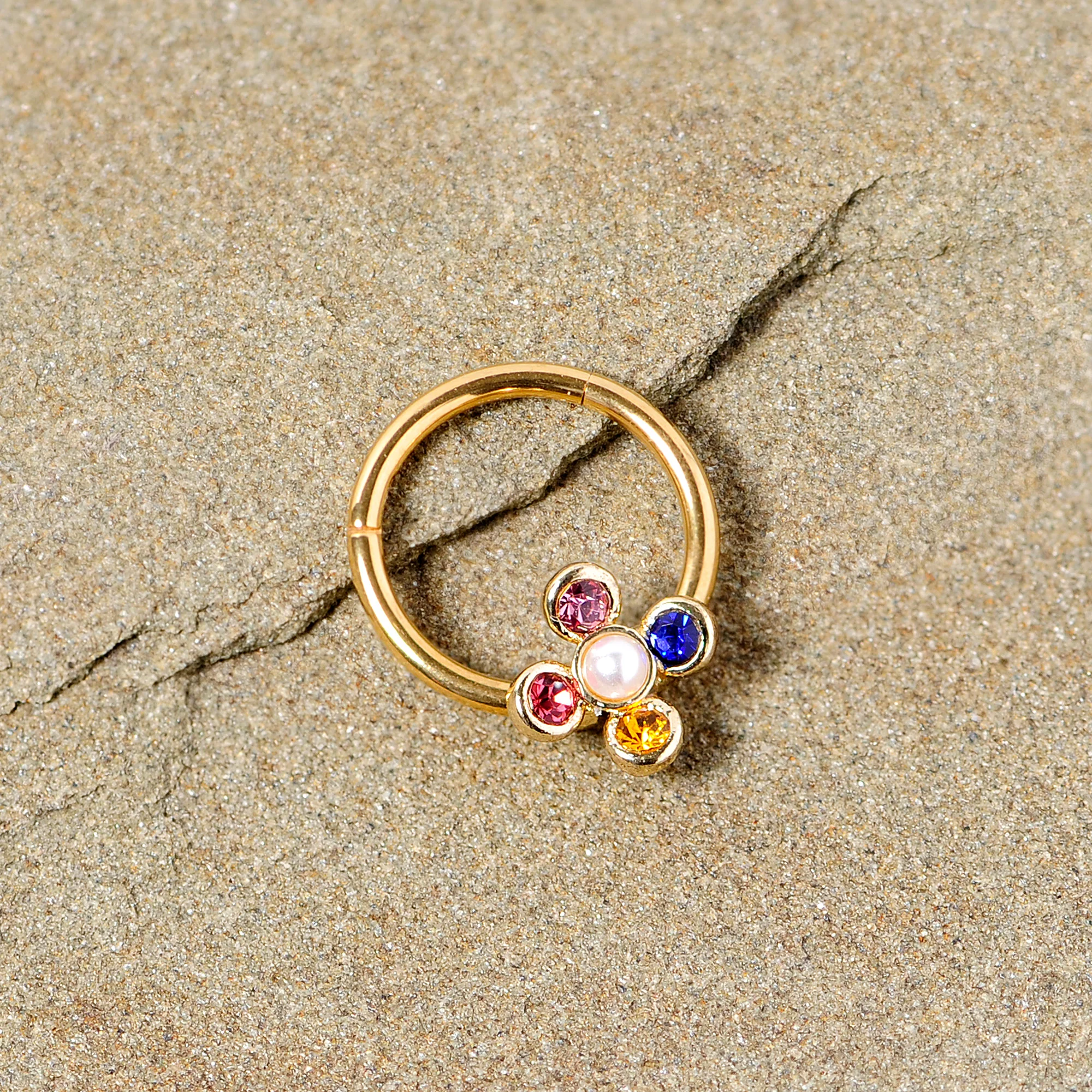 16G 3/8 Pink Blue Gem Gold Tone Hinged Segment Ring - Image 3