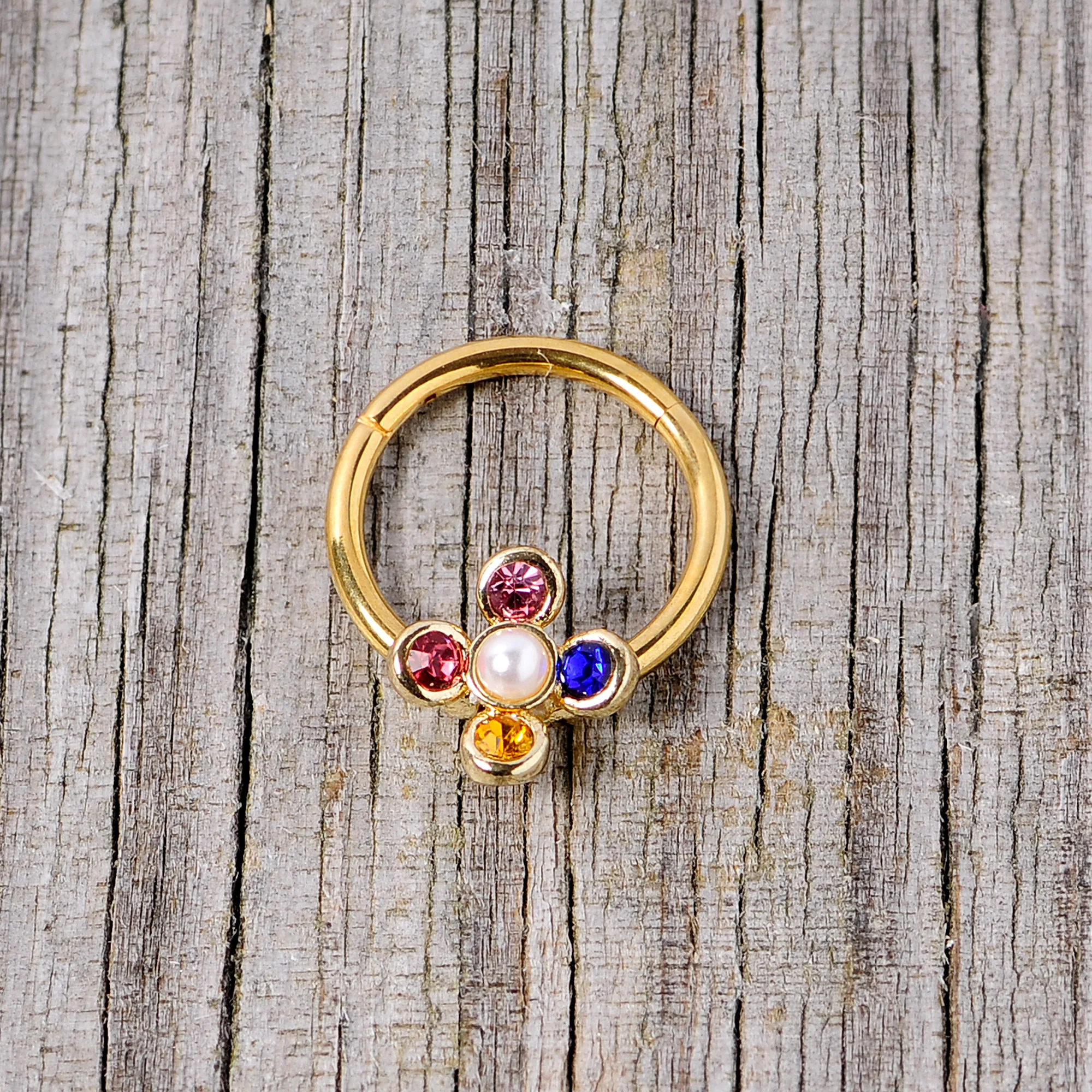 16G 3/8 Pink Blue Gem Gold Tone Hinged Segment Ring - Image 4