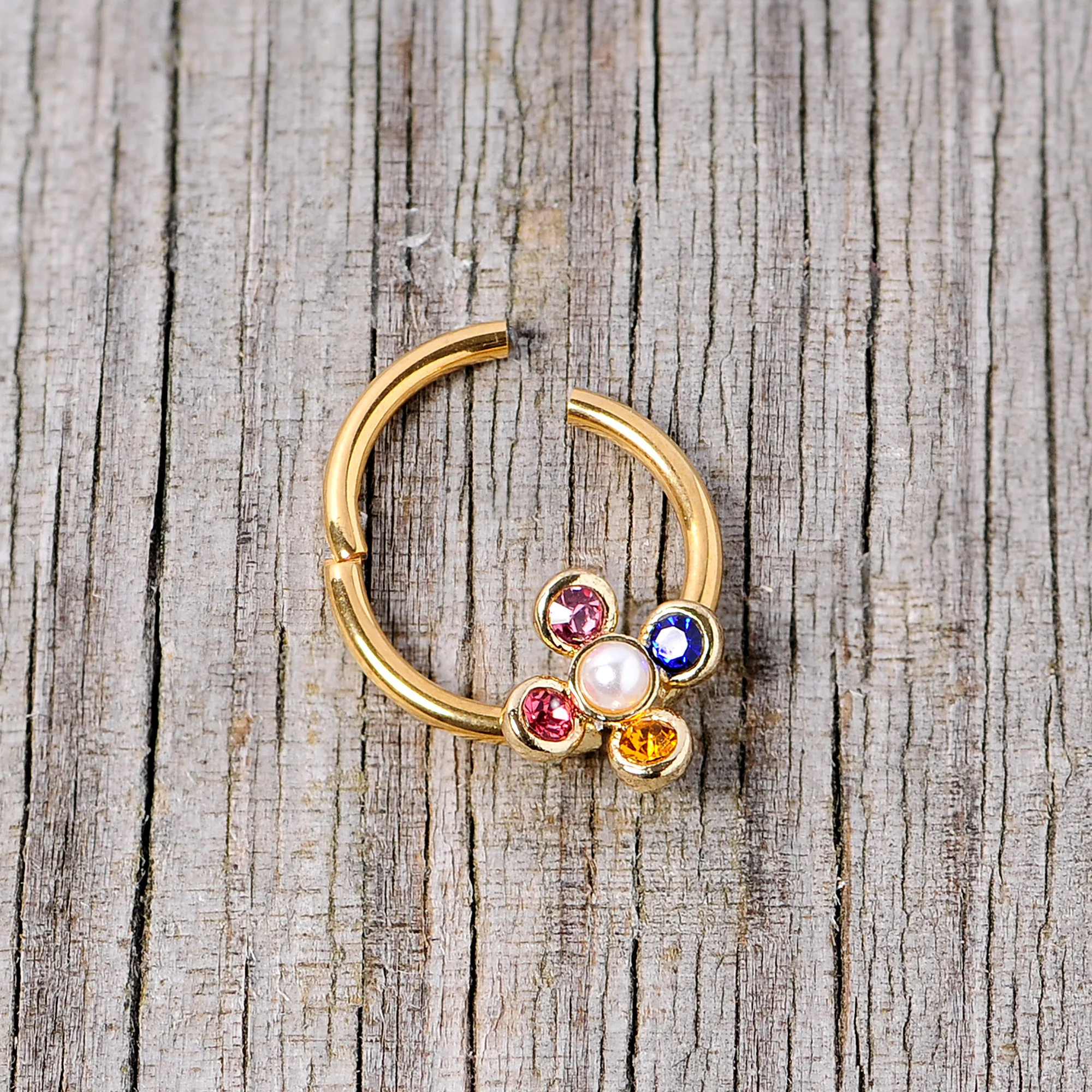 16G 3/8 Pink Blue Gem Gold Tone Hinged Segment Ring - Image 5
