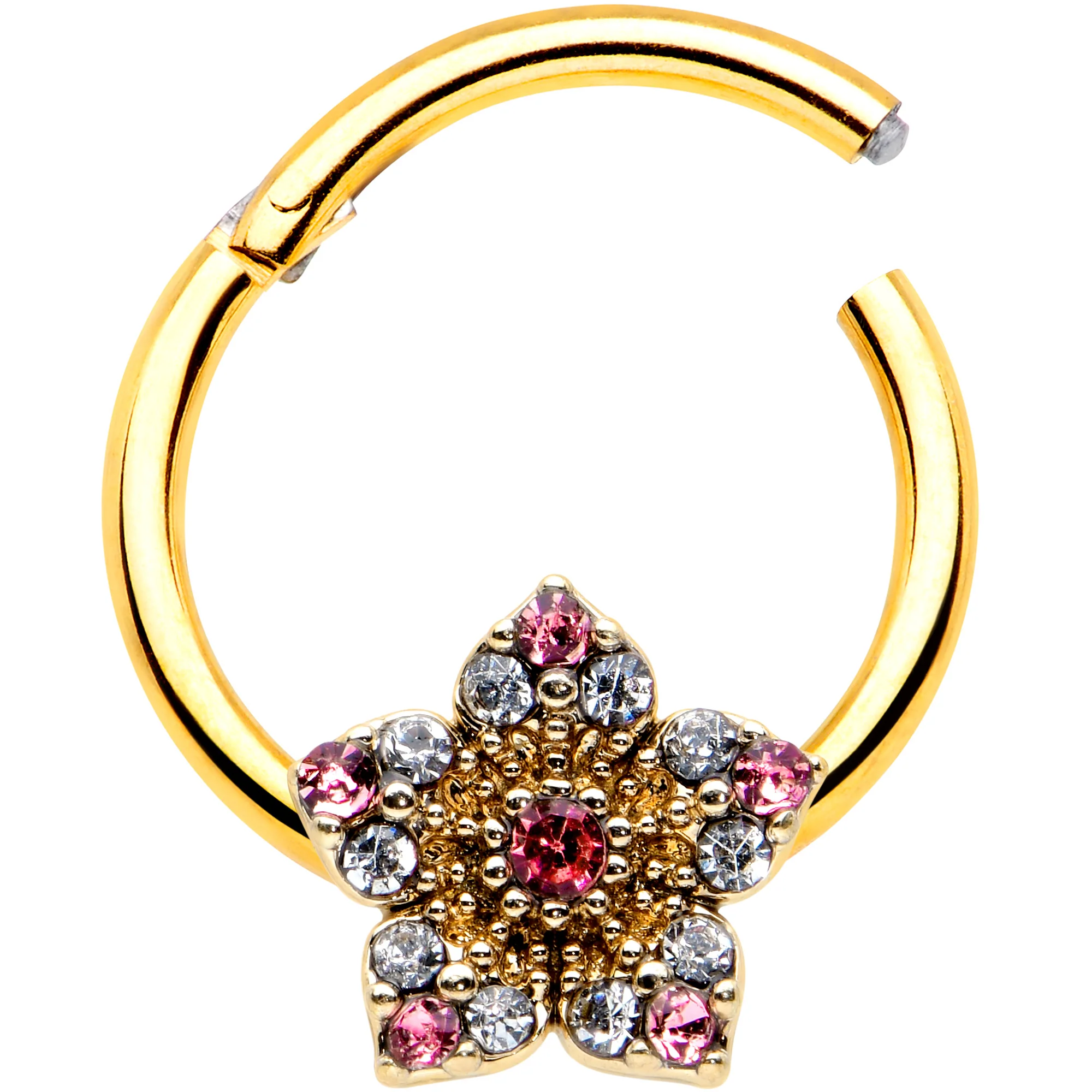 16G 3/8 Pink Clear Gem Gold Tone Texture Star Hinged Segment Ring - Image 2