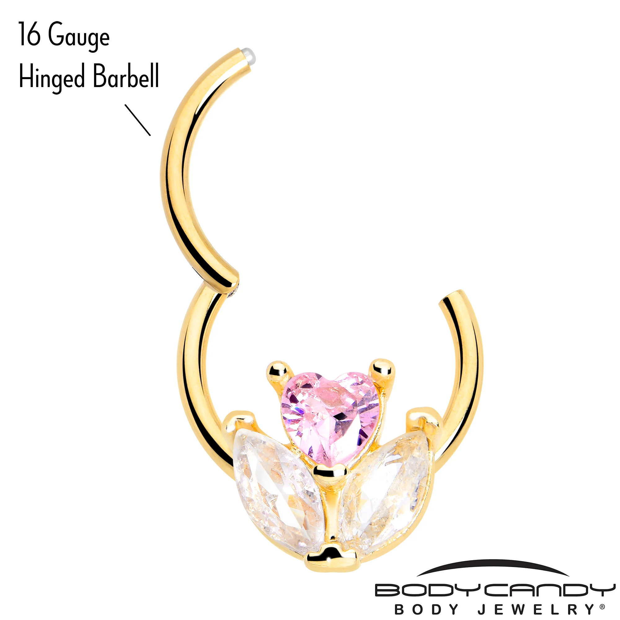 16G 3/8 Pink CZ Gem Gold Tone Love Flower Hinged Segment Ring - Image 2