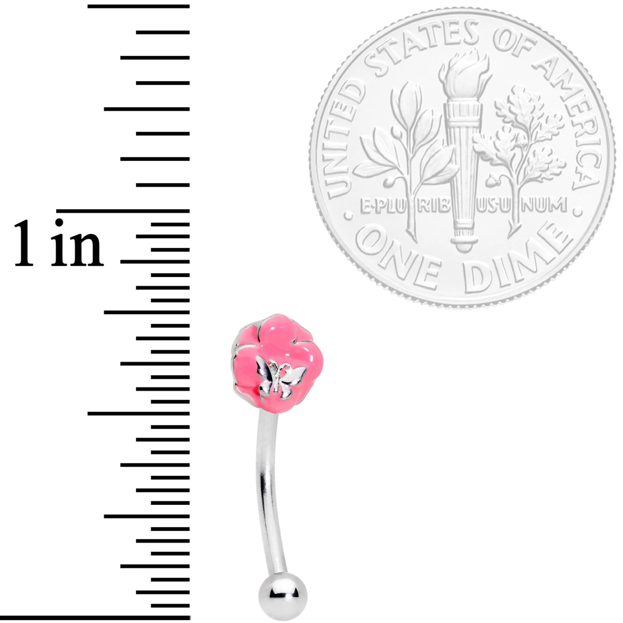 16G 3/8 Pink Flower Resting Butterfly Curved Eyebrow Ring - Image 2