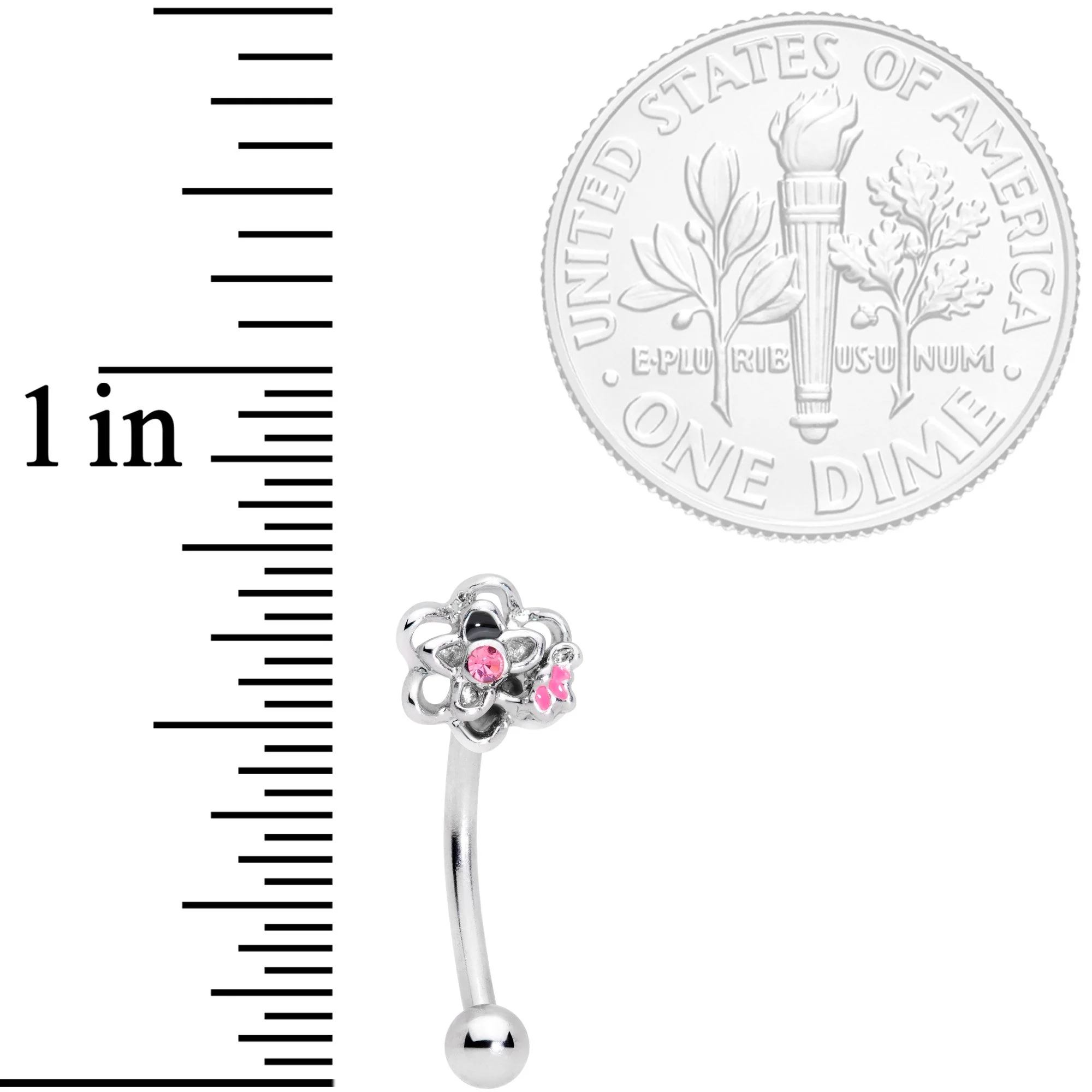 16G 3/8 Pink Gem Petite Butterfly Floral Curved Eyebrow Ring - Image 2
