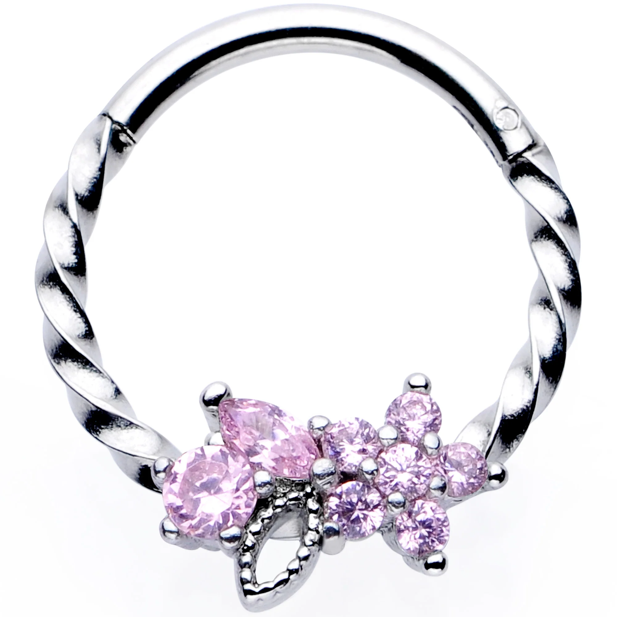 16G 3/8 Pink Gem Star Twisted Hinged Segment Ring
