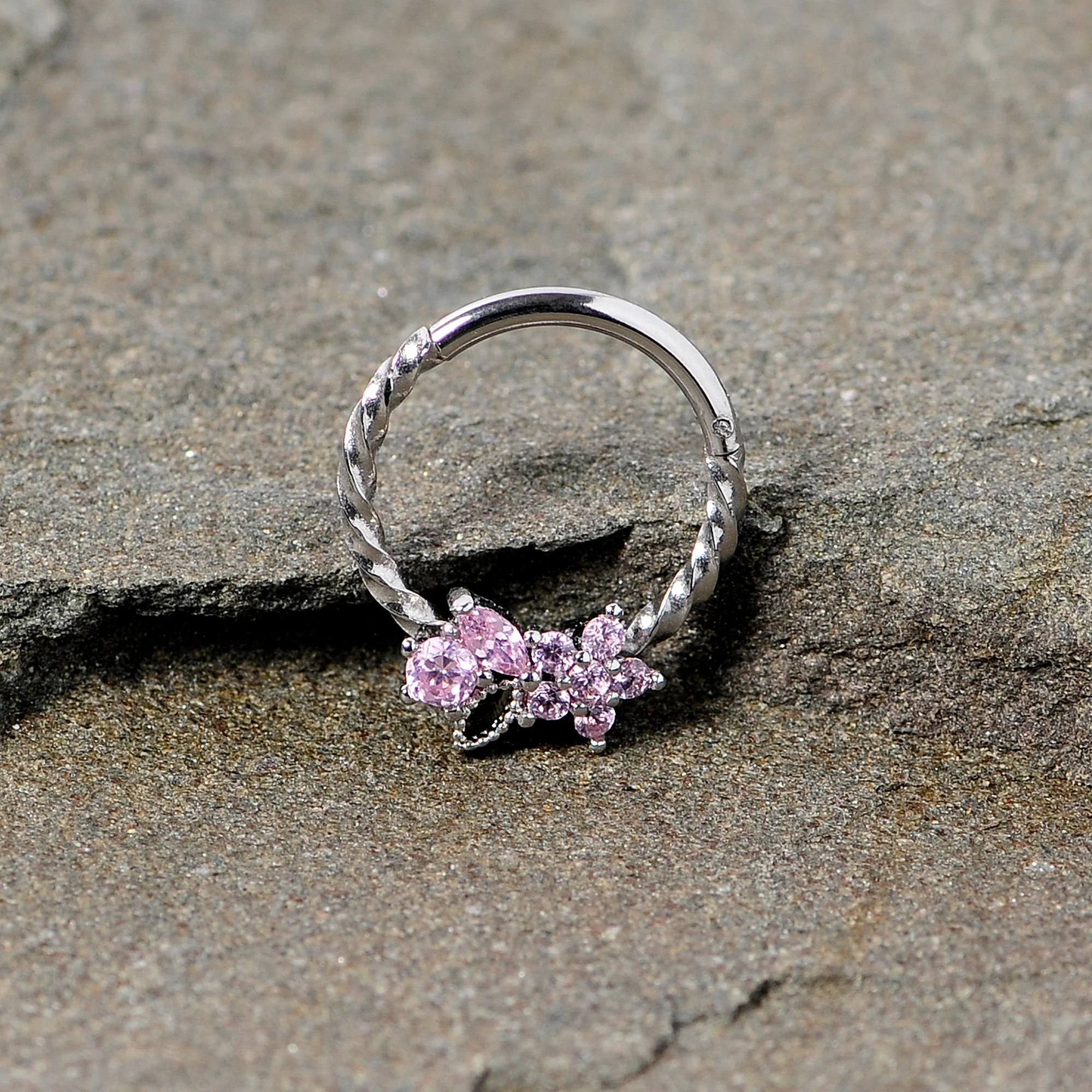 16G 3/8 Pink Gem Star Twisted Hinged Segment Ring - Image 2