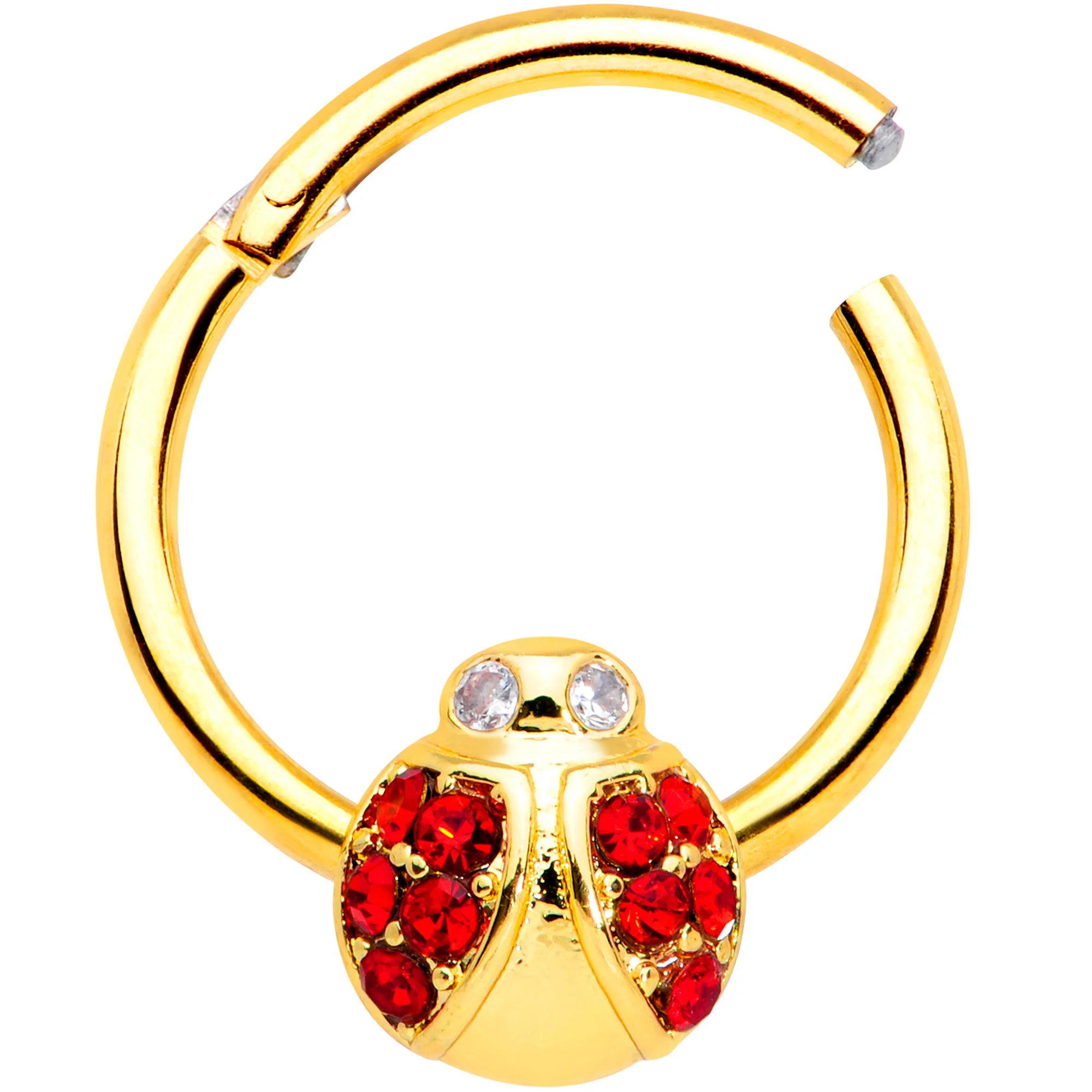 16G 3/8 Red Gem Gold Tone Ladybug Hinged Segment Ring - Image 2