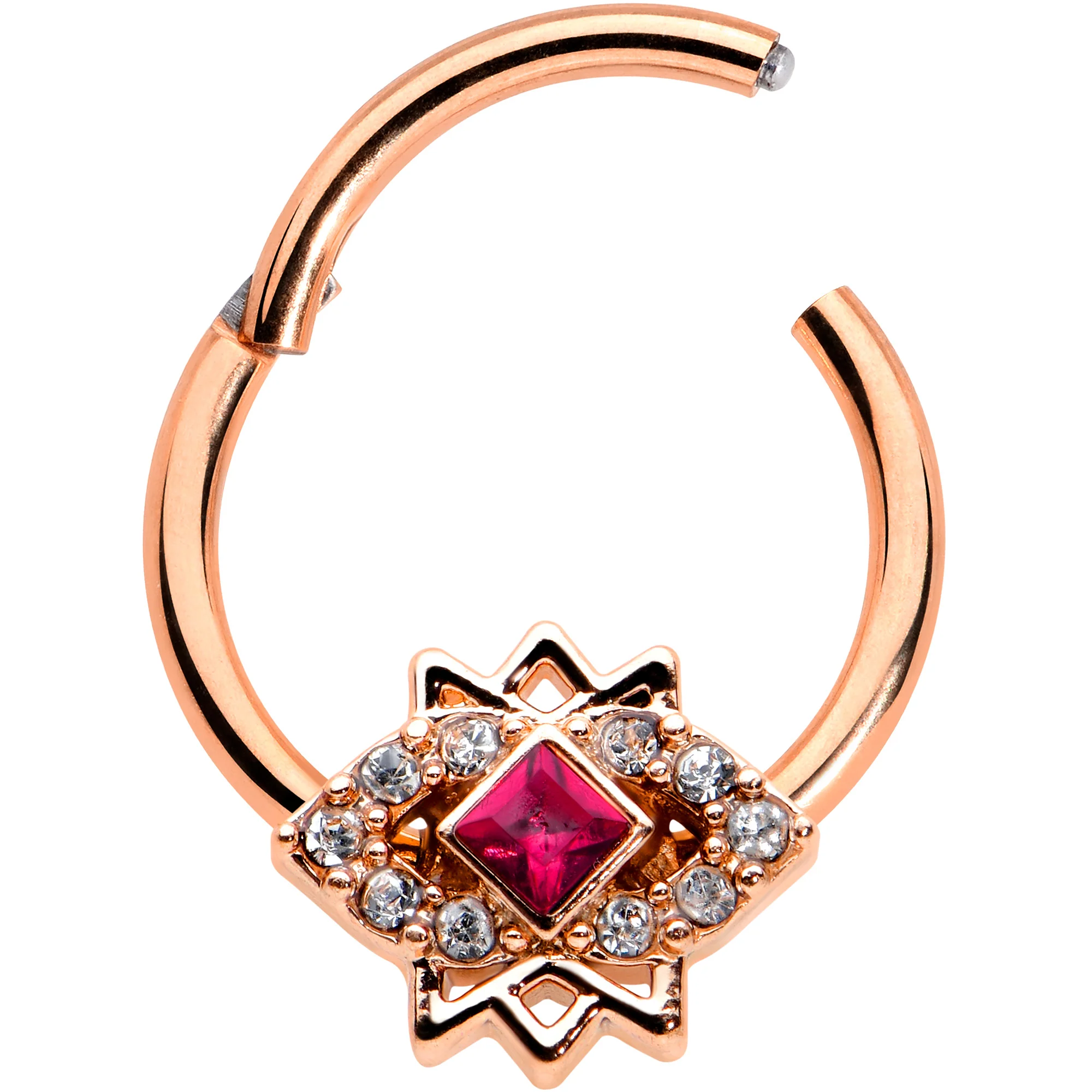 16G 3/8 Red Gem Rose Gold Tone Octogram Star Hinged Circular Ring - Image 2