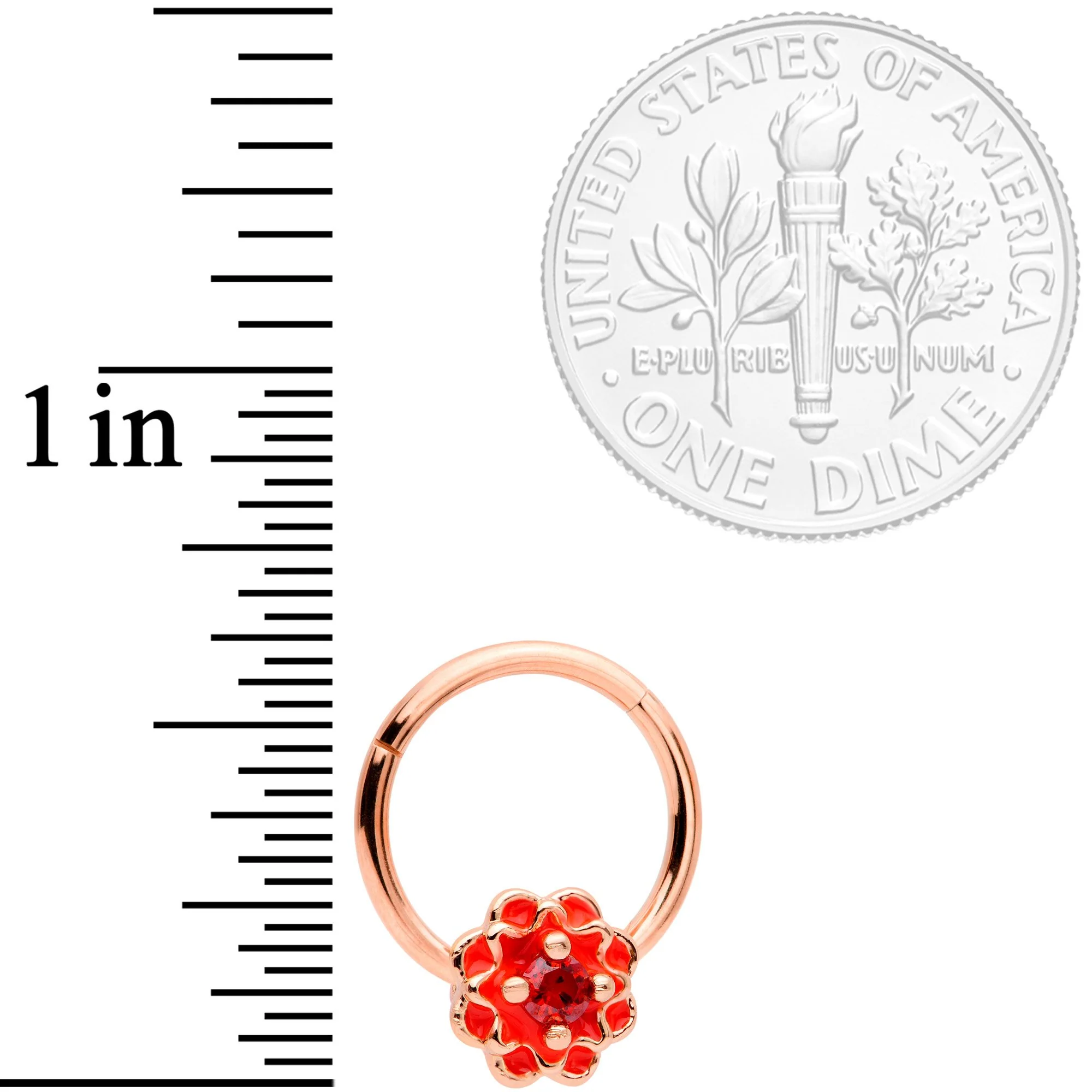 16G 3/8 Red Gem Rose Gold Tone Red Flower Septum Hinged Segment Ring - Image 3