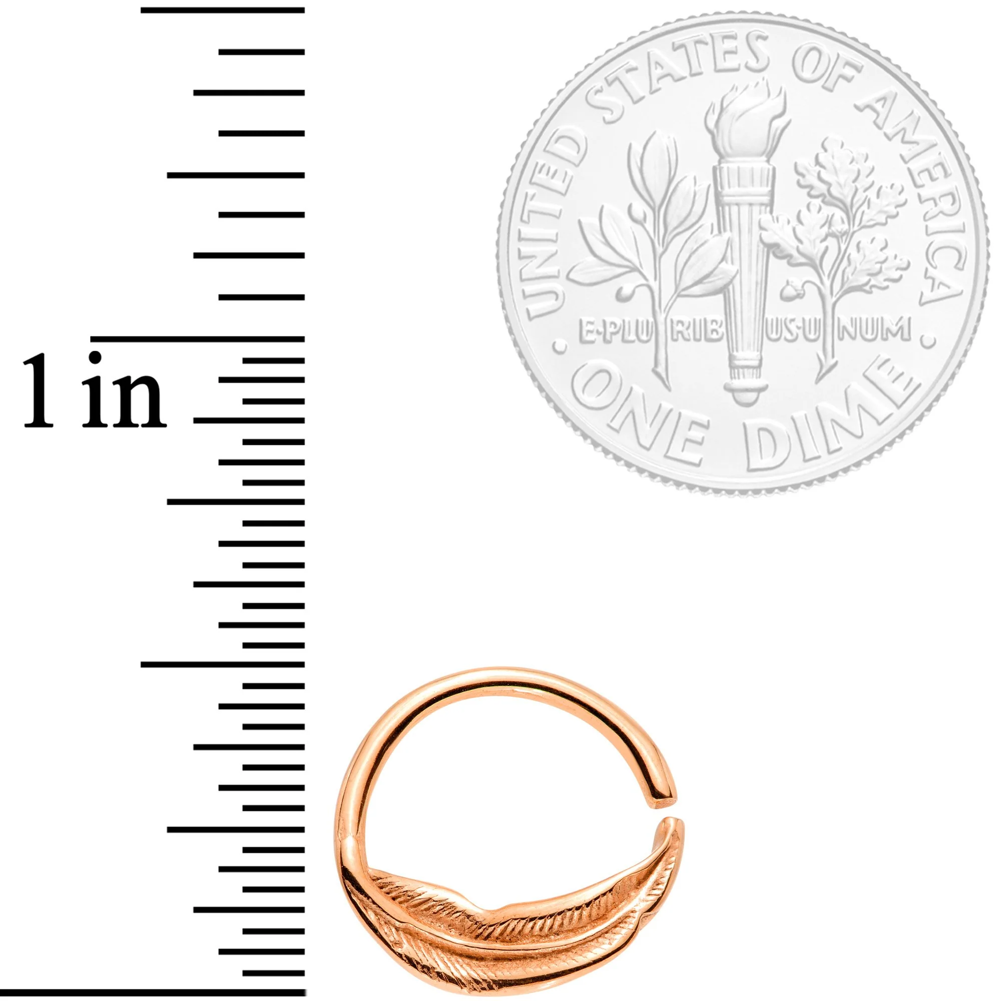 16G 3/8 Rose Gold Tone Feather Closure Ring - Image 2