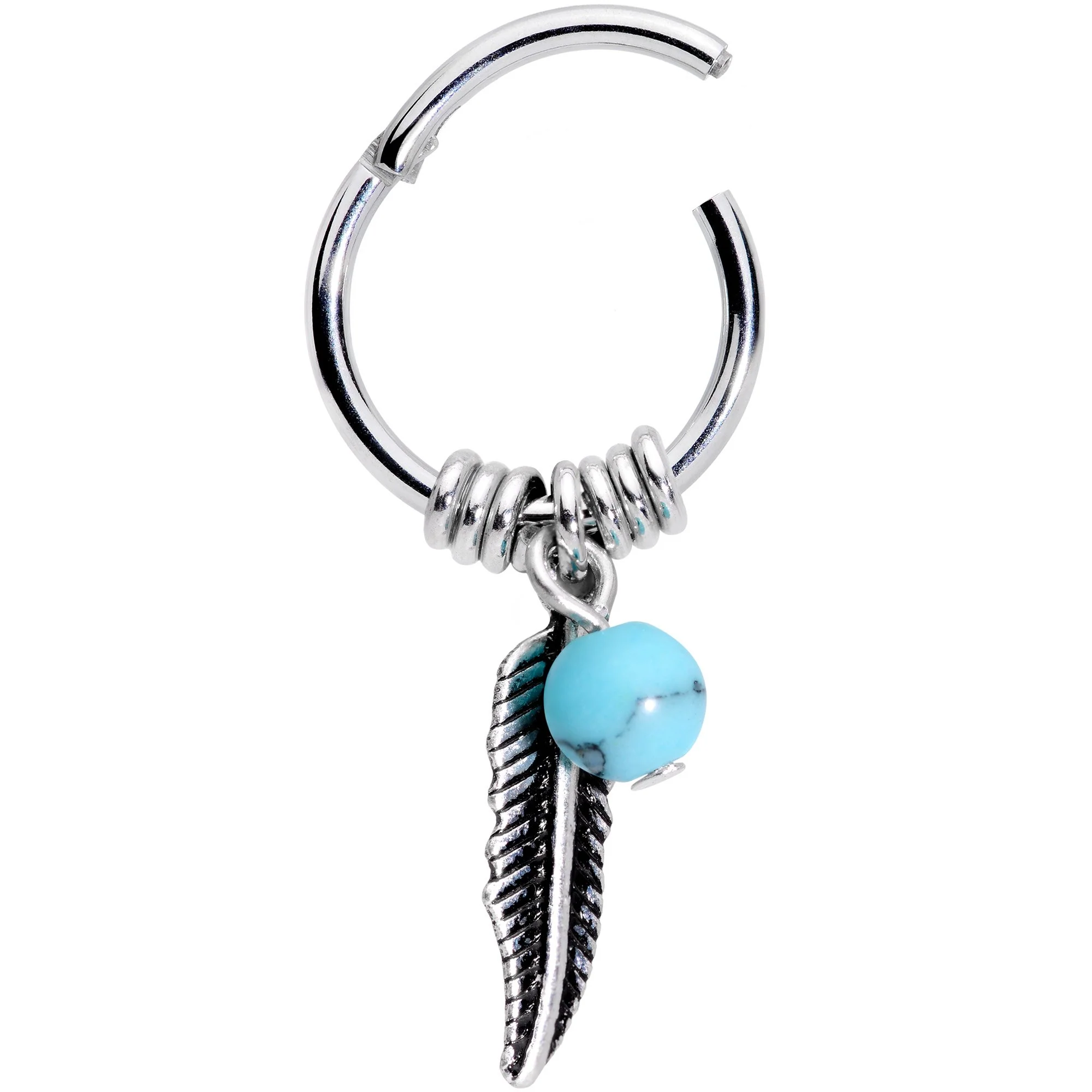 16G 3/8 Southwest Blue Bead Feather Hinged Dangle Segment Ring - Image 2