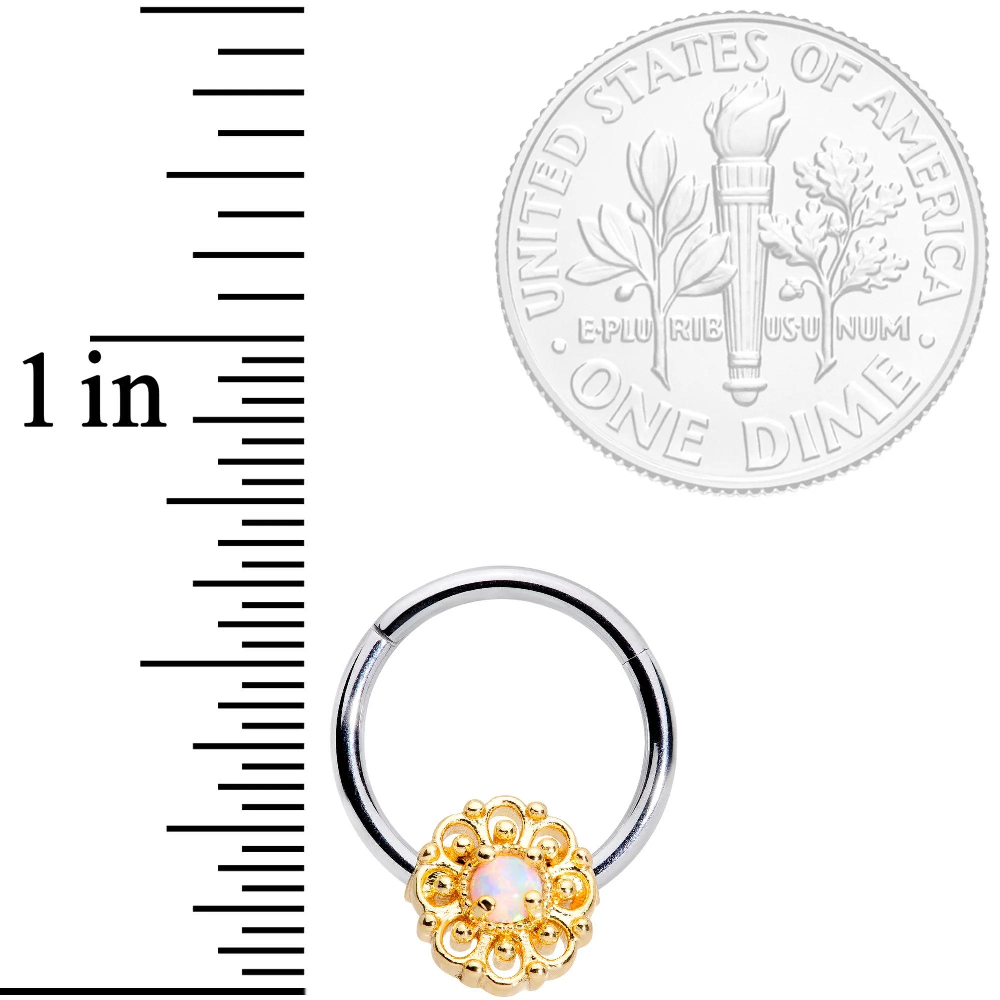 16G 3/8 White Faux Opal Lacy Flower Hinged Segment Ring - Image 3