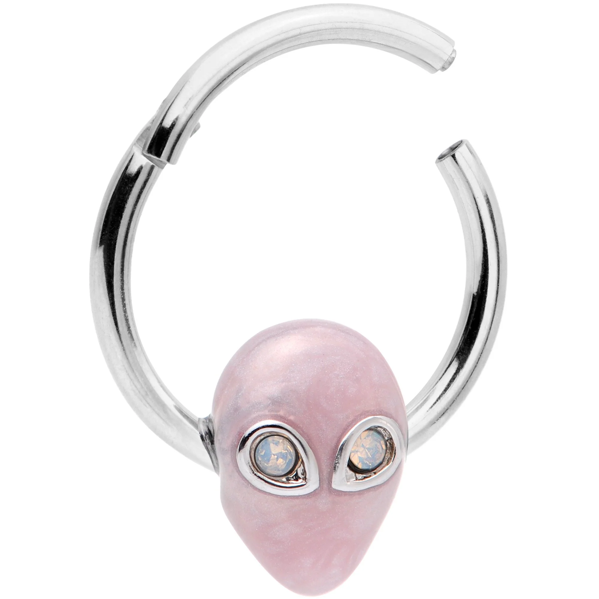 16G 3/8 White Faux Opal Pink Invader Alien Hinged Segment Ring - Image 2