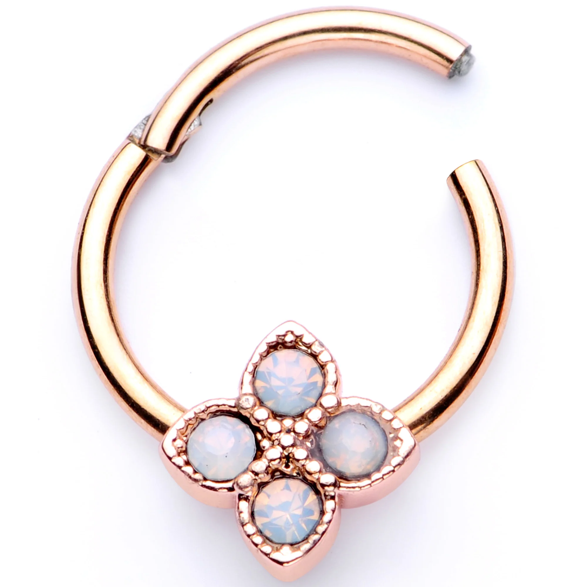 16G 3/8 White Faux Opal Rose Gold Tone Regal Hinged Segment Ring - Image 3