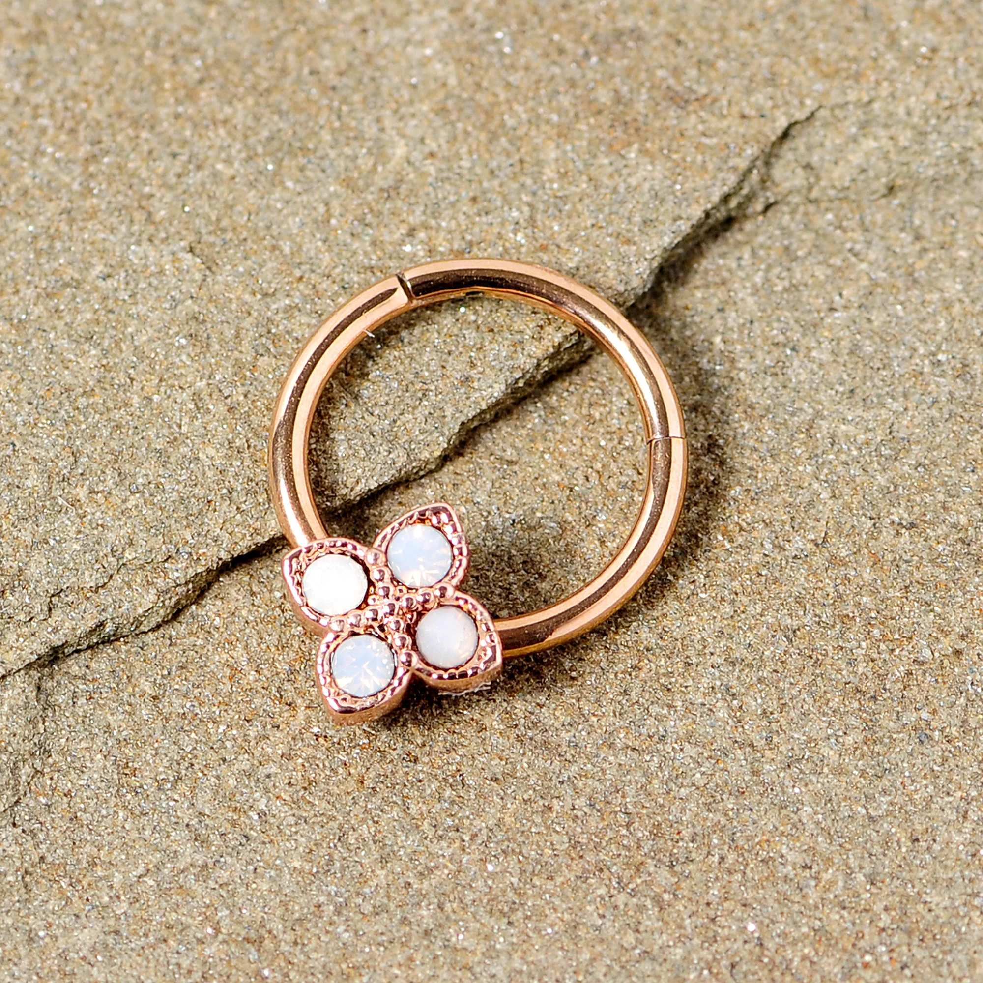 16G 3/8 White Faux Opal Rose Gold Tone Regal Hinged Segment Ring - Image 4