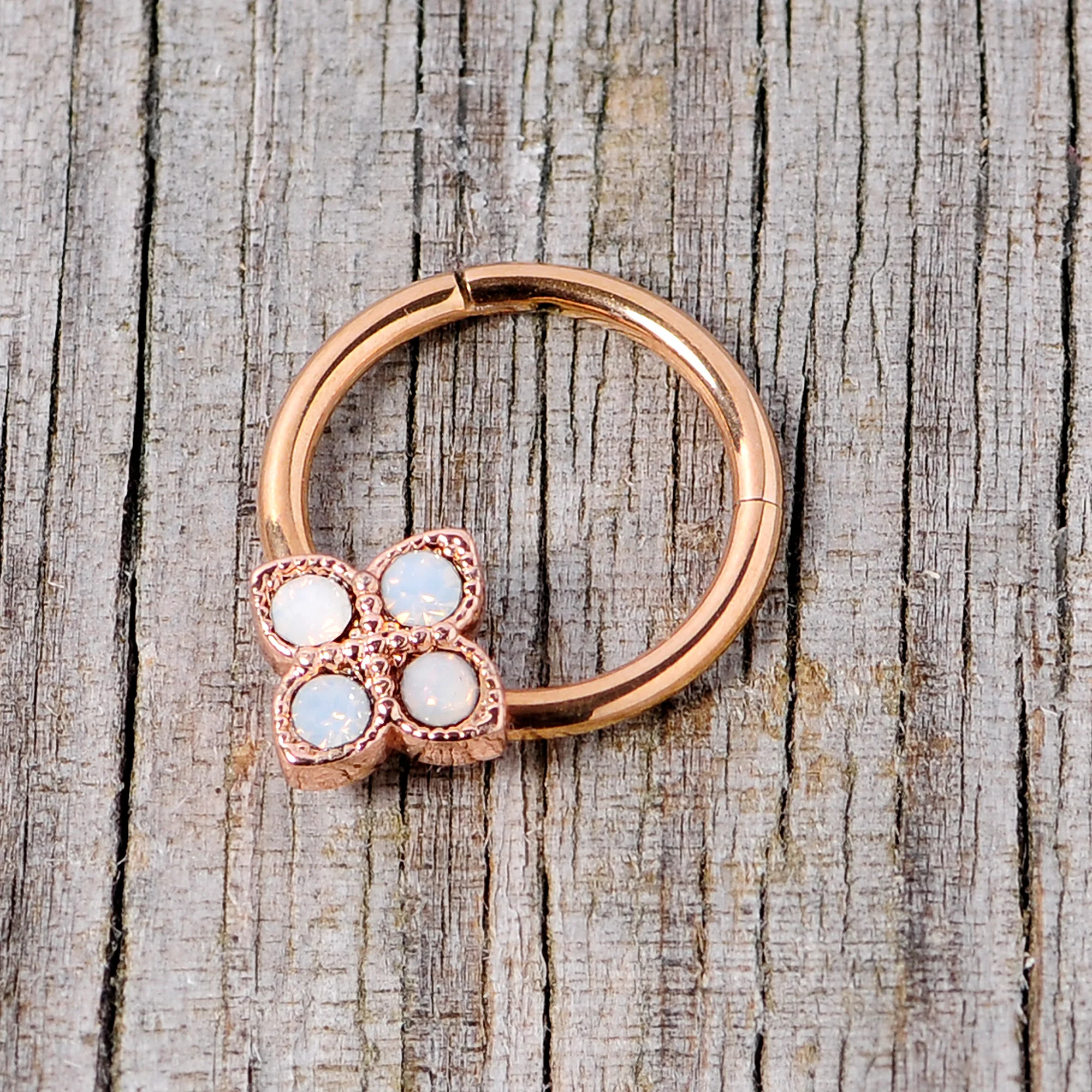 16G 3/8 White Faux Opal Rose Gold Tone Regal Hinged Segment Ring - Image 5