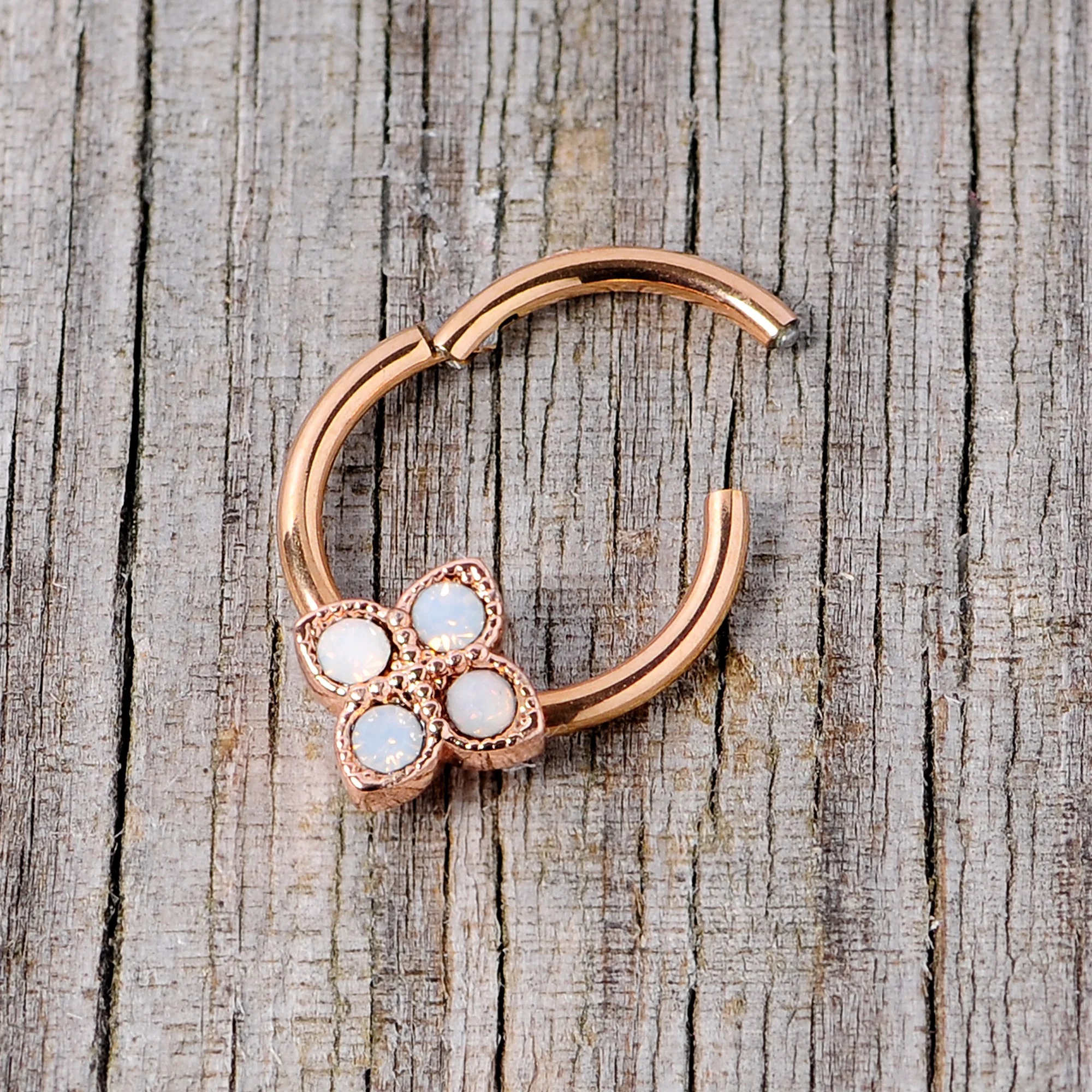 16G 3/8 White Faux Opal Rose Gold Tone Regal Hinged Segment Ring - Image 6