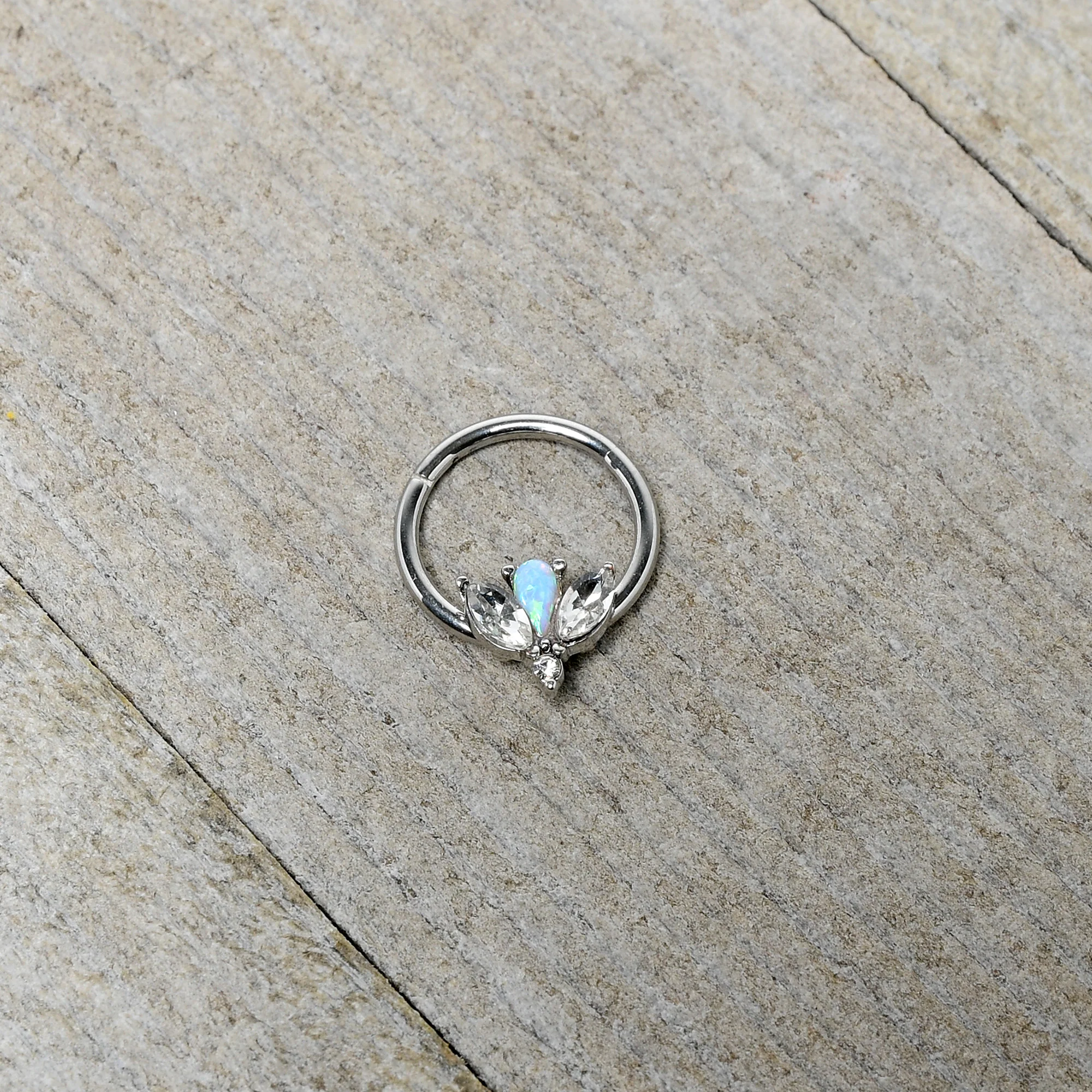16G 3/8 White Faux Opal Style Flower Hinged Segment Ring - Image 4