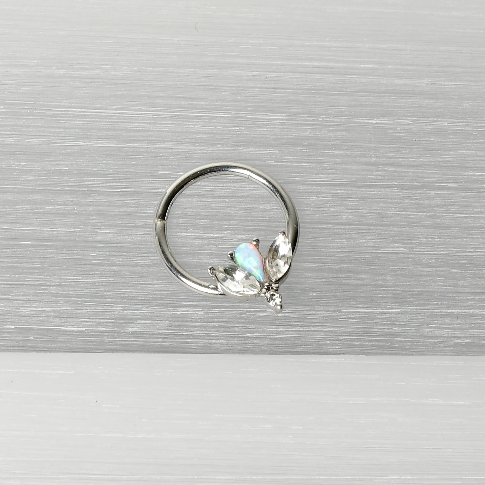 16G 3/8 White Faux Opal Style Flower Hinged Segment Ring - Image 5