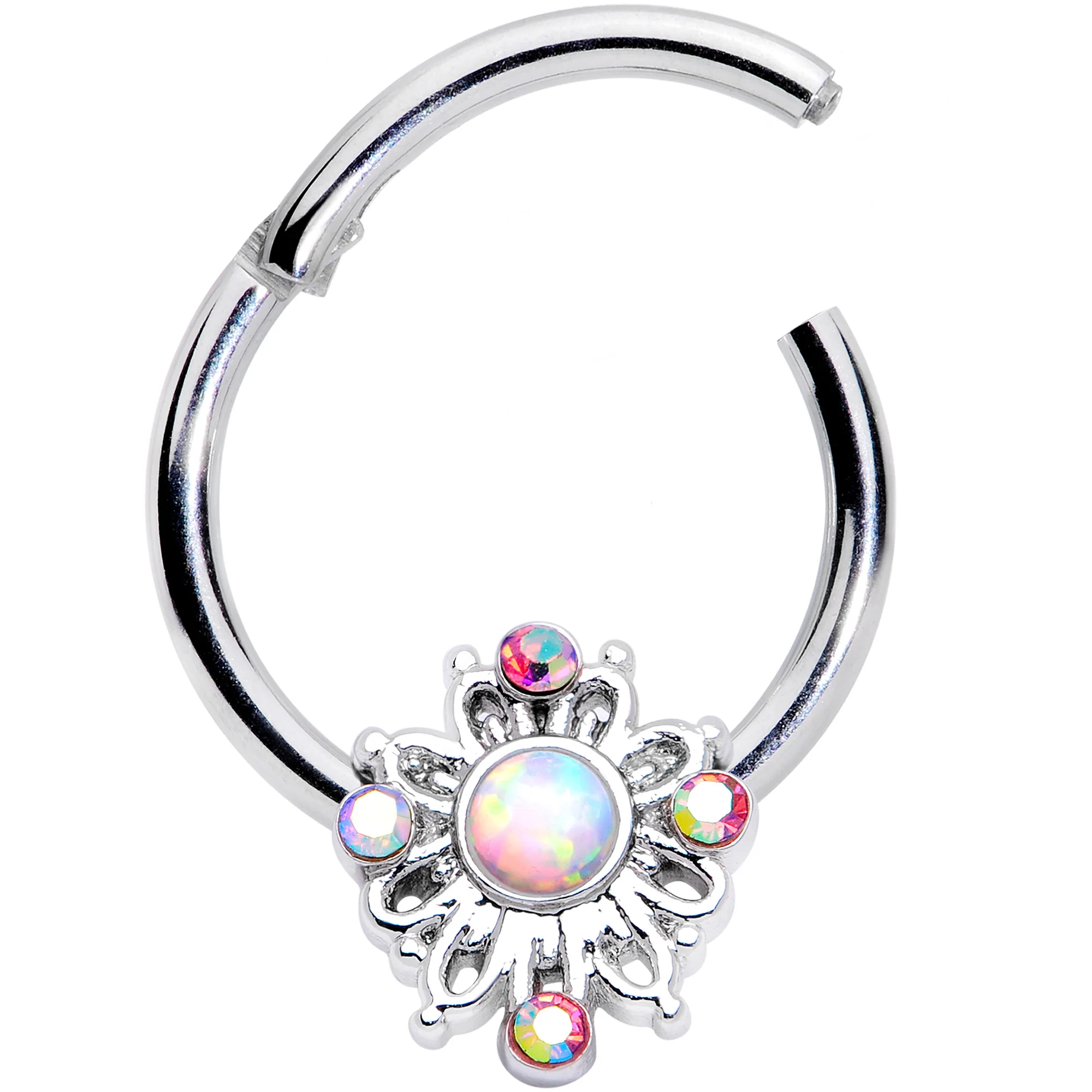 16G 3/8 White Synthetic Opal Aurora Gem Crest Hinged Segment Ring - Image 2