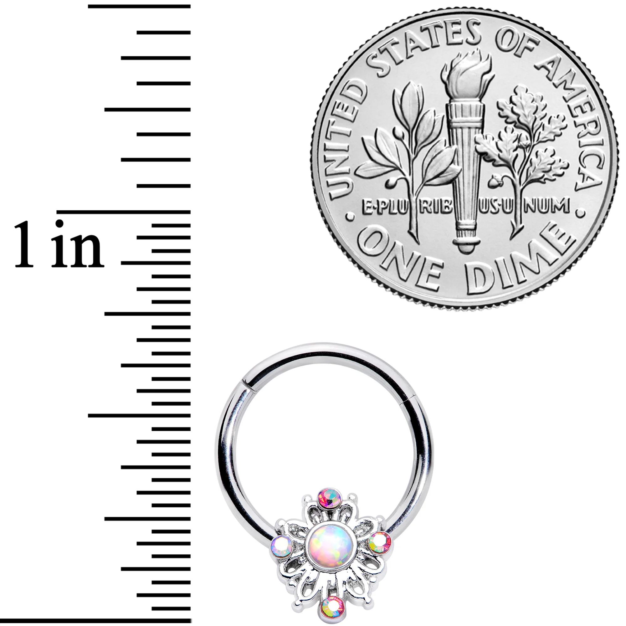 16G 3/8 White Synthetic Opal Aurora Gem Crest Hinged Segment Ring - Image 3