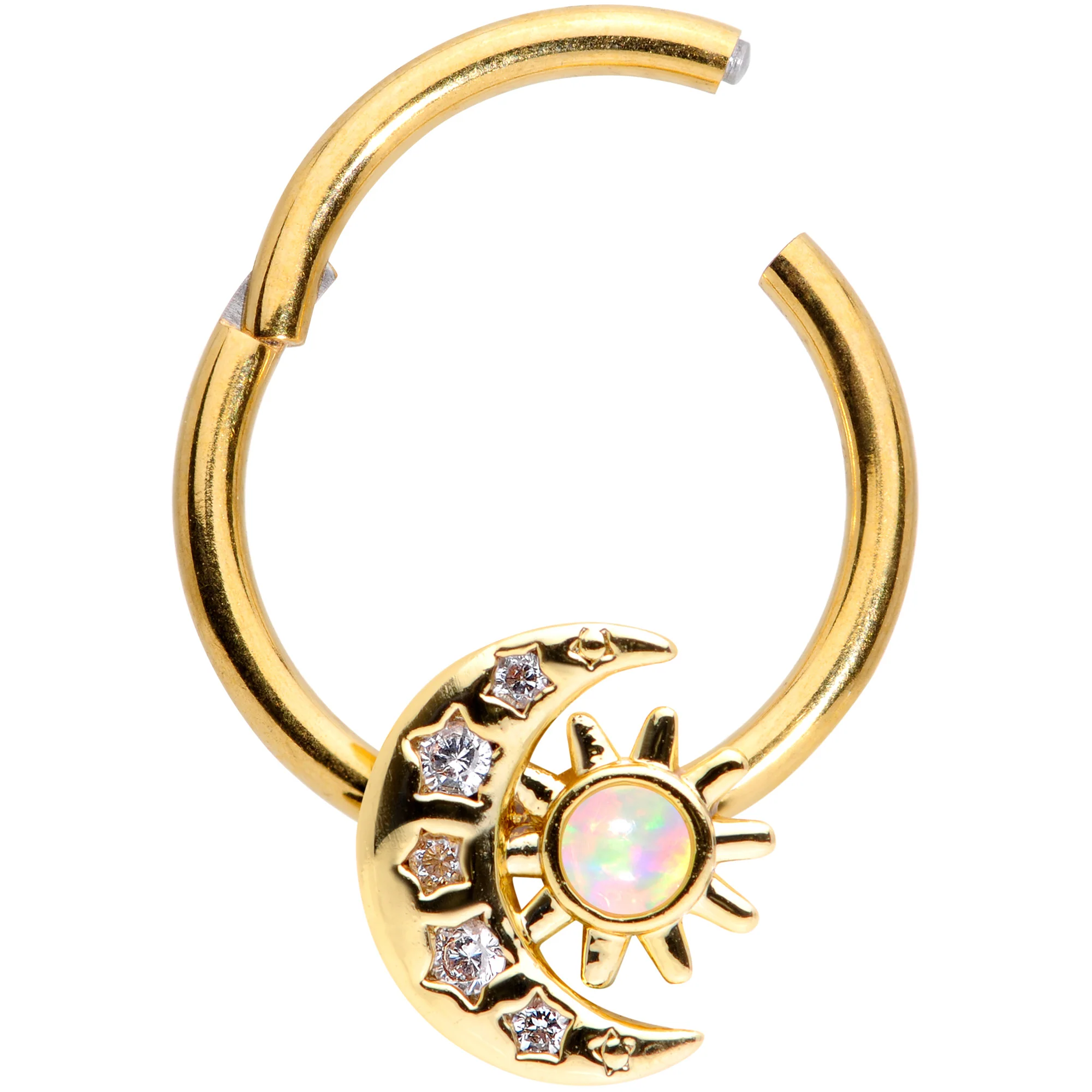 16G 3/8 White Synthetic Opal Gold Tone Moon Hinged Segment Ring - Image 2