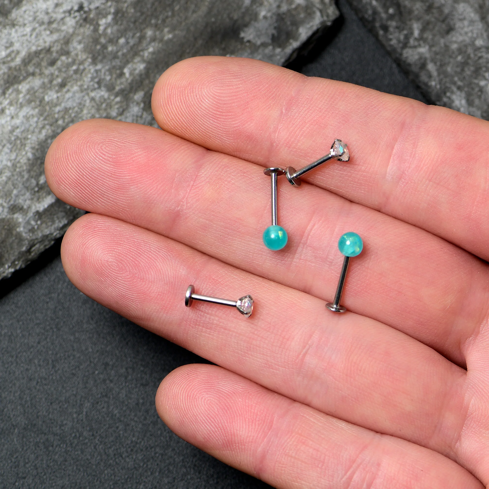 16G 5/16 3/8 Aurora Gem Green Faux Opal Labret Monroe Set of 4 - Image 5