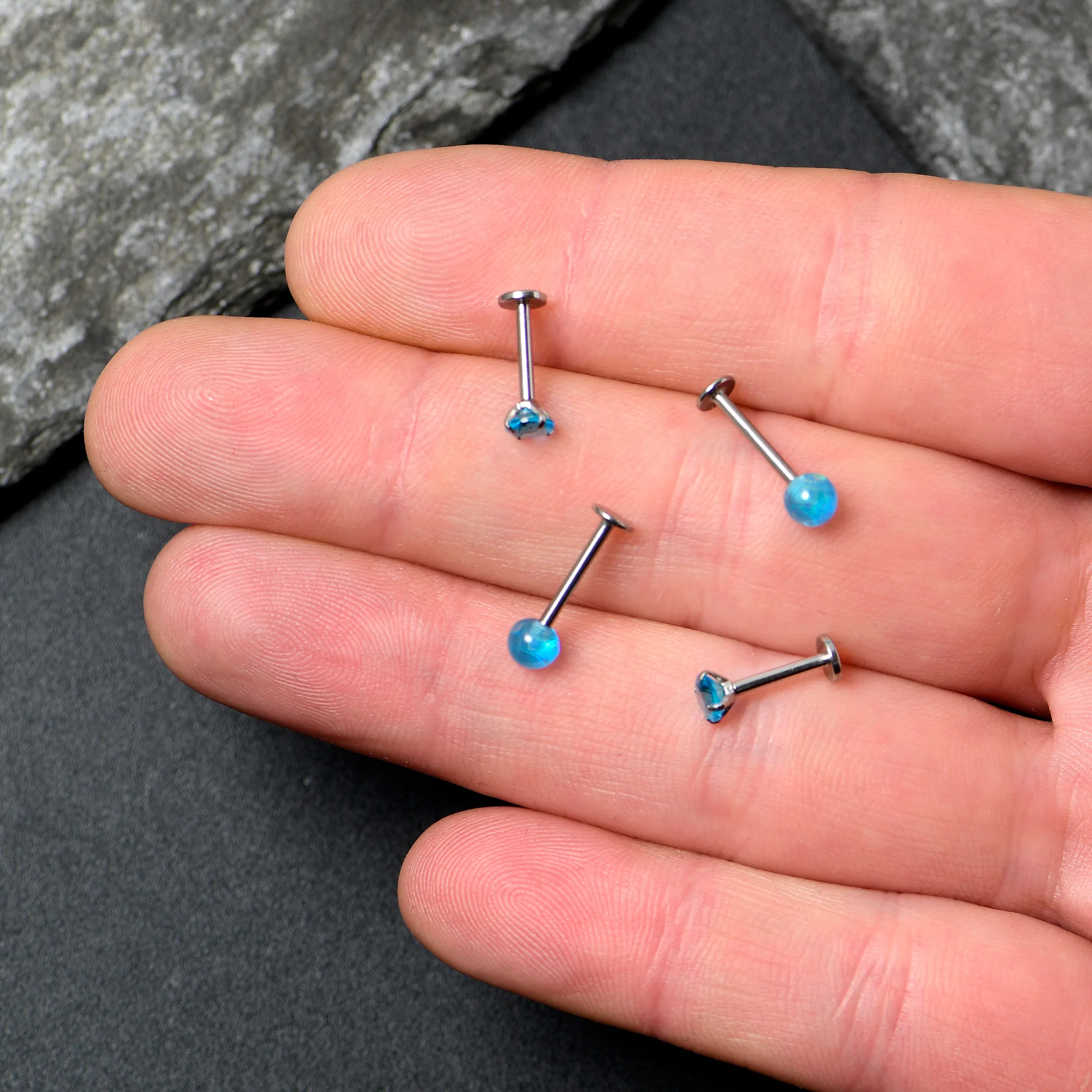 16G 5/16 3/8 Blue Gem Faux Opal Labret Monroe Tragus Set of 4 - Image 5