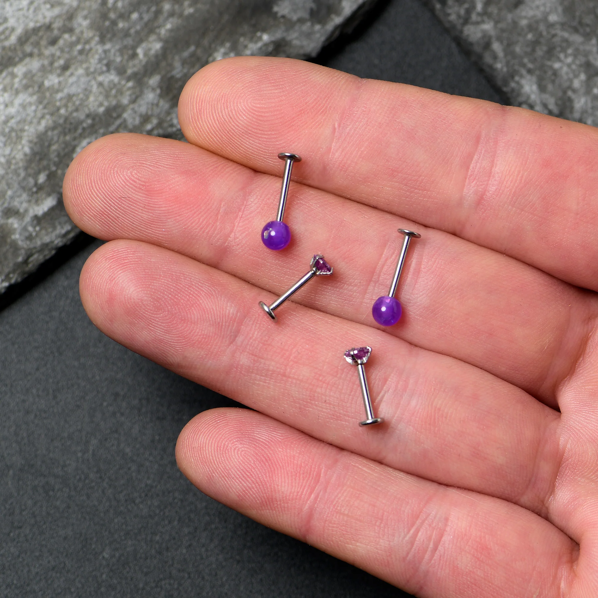 16G 5/16 3/8 Purple Gem Faux Opal Labret Monroe Tragus Set of 4 - Image 5