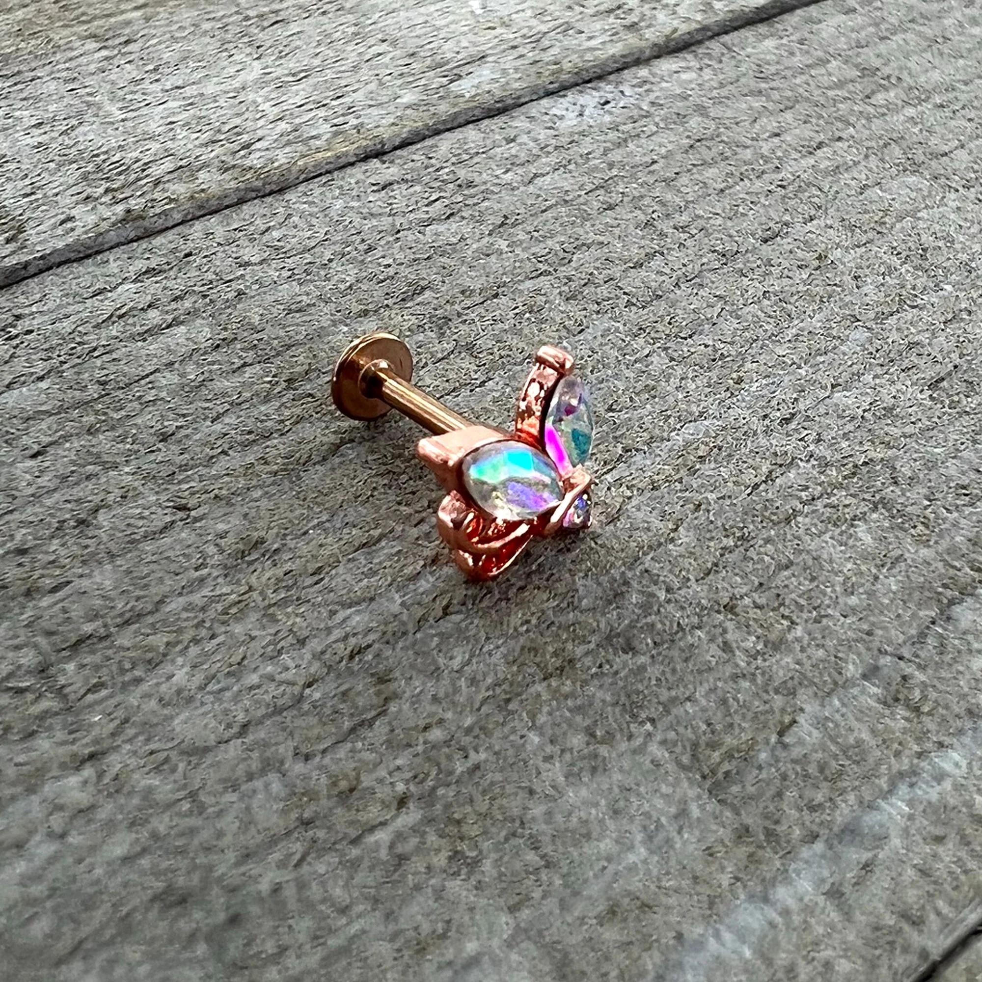 16G 5/16 Aurora CZ Gem Rosy Tone Fleur de Lis Butterfly Labret Monroe Tragus - Image 6