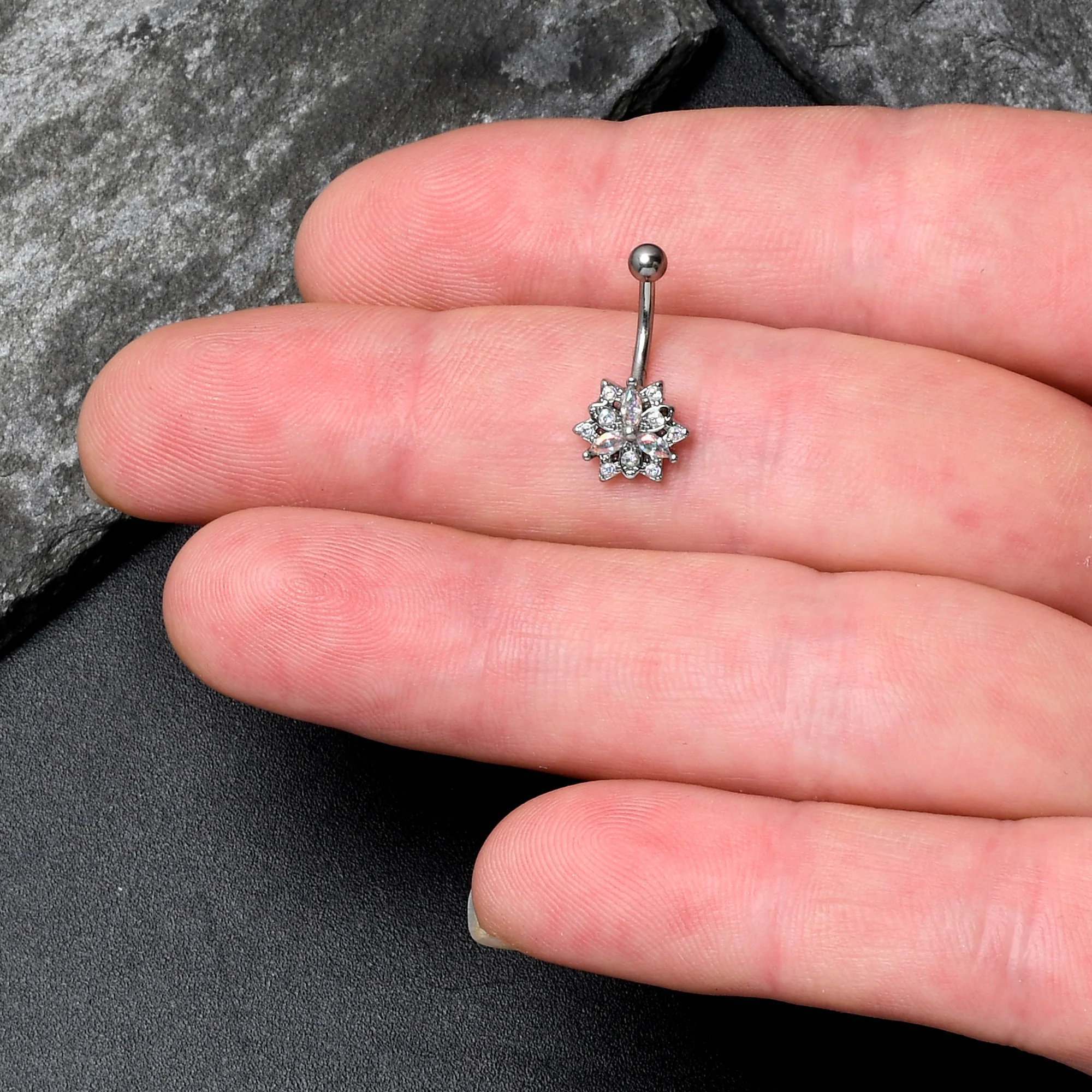 16G 5/16 Aurora CZ Gem Snowflake Style Curved Eyebrow Ring - Image 3
