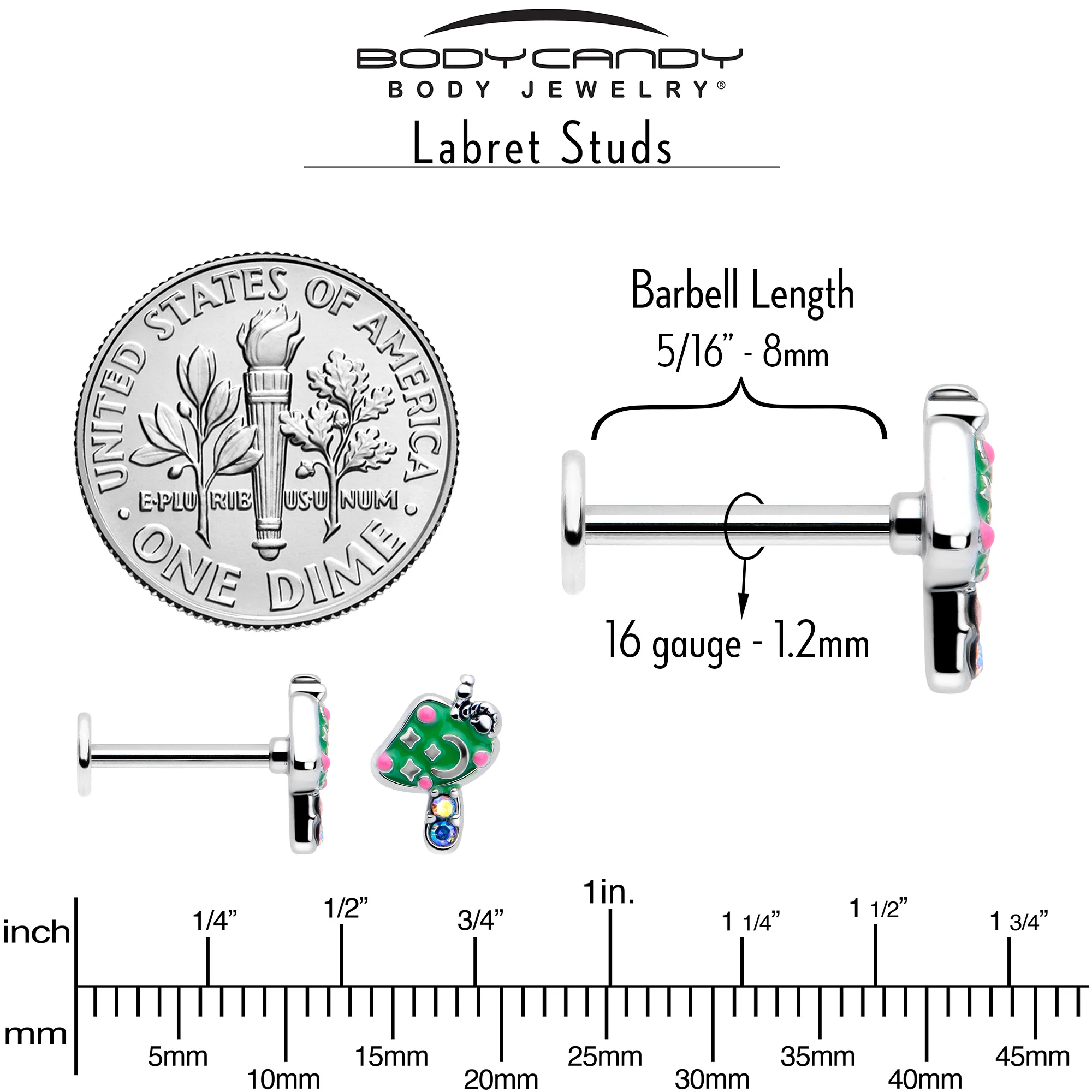 16G 5/16 Aurora Gem Fanciful Green Mushroom Labret Monroe Tragus - Image 5
