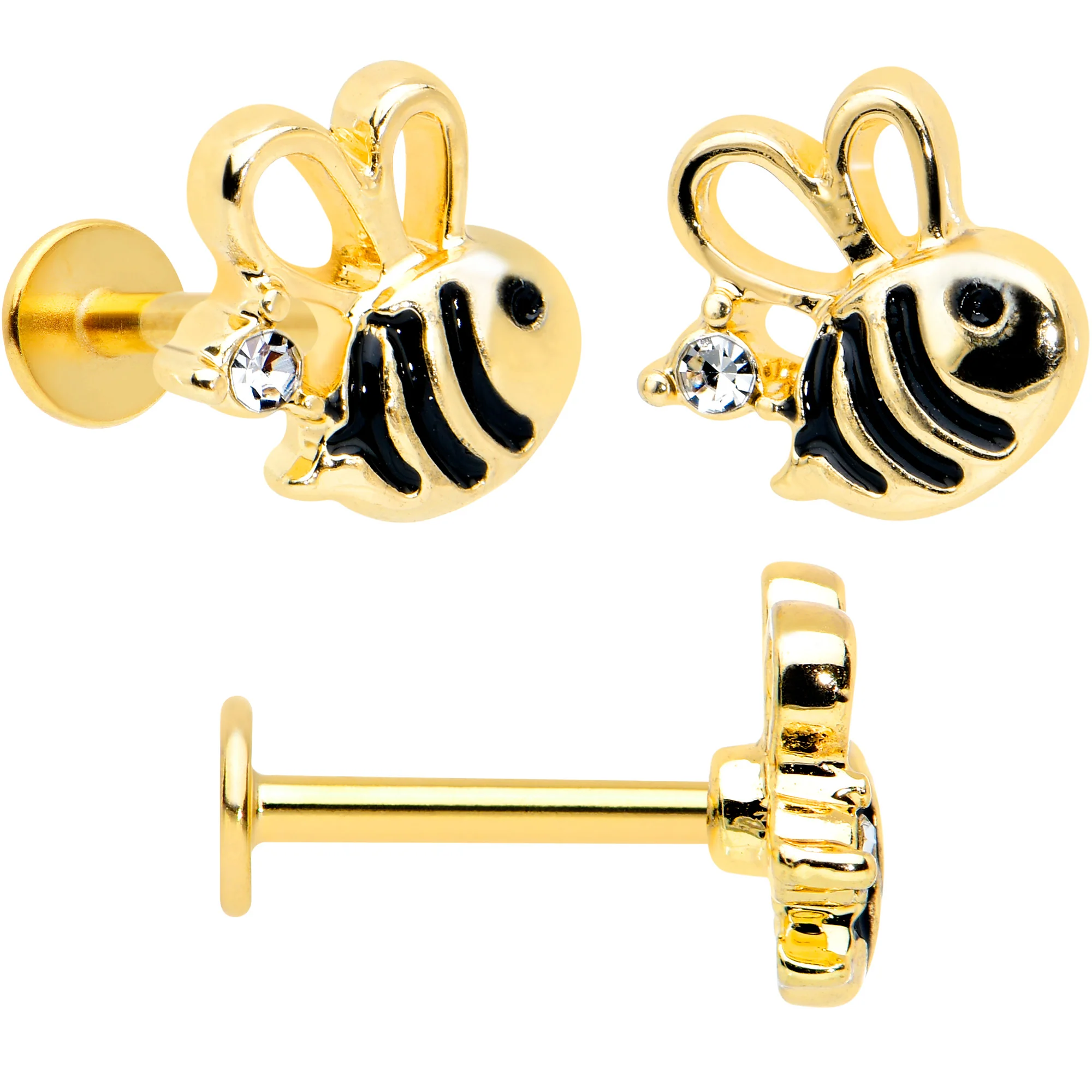 16G 5/16 Black Gem Gold Tone Bee Hive Labret Tragus Curation Set of 3 - Image 3