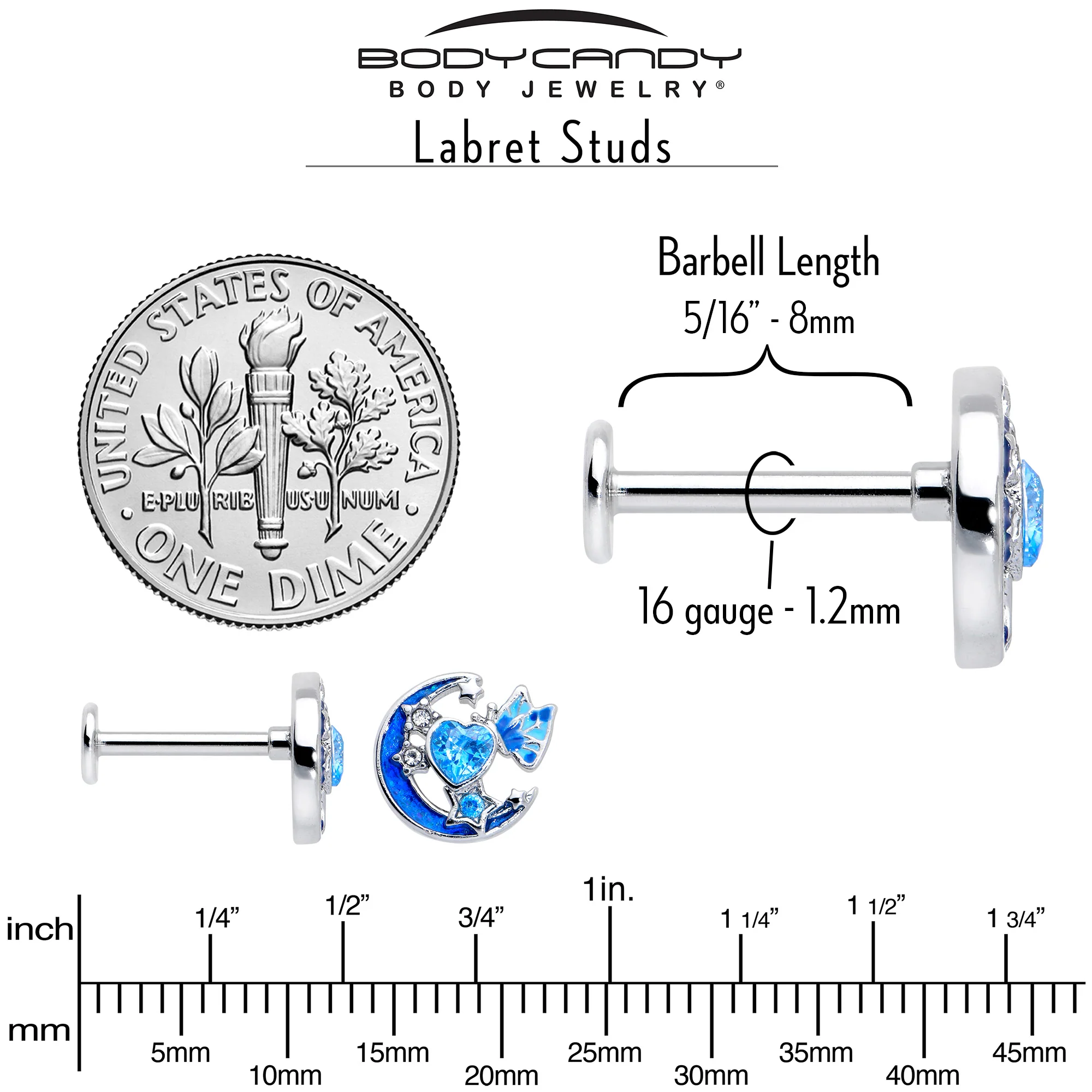 16G 5/16 Blue CZ Gem Butterfly Love Heart Labret Monroe Tragus - Image 6