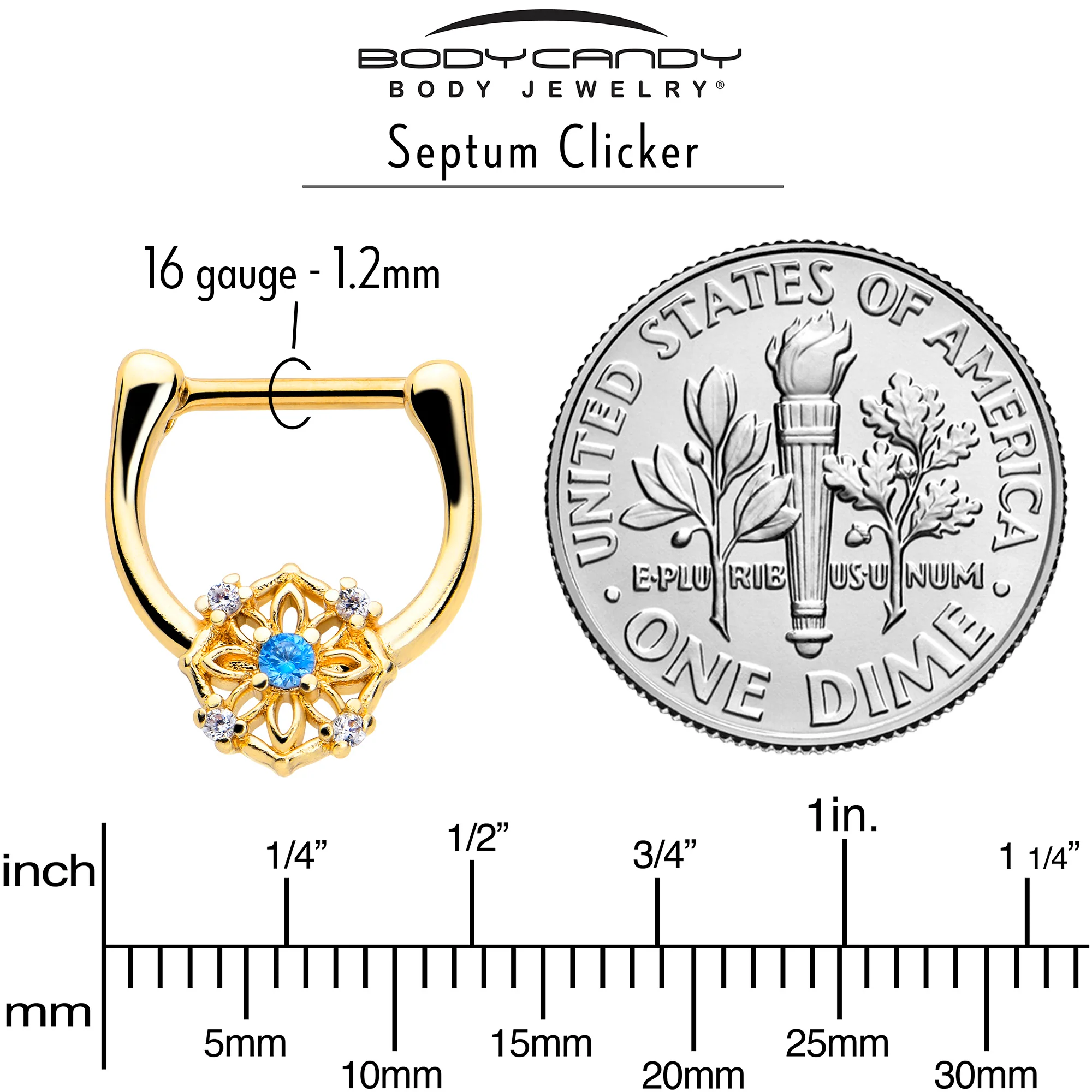16G 5/16 Blue CZ Gem Gold Tone Flower Ring Cartilage Clicker - Image 4