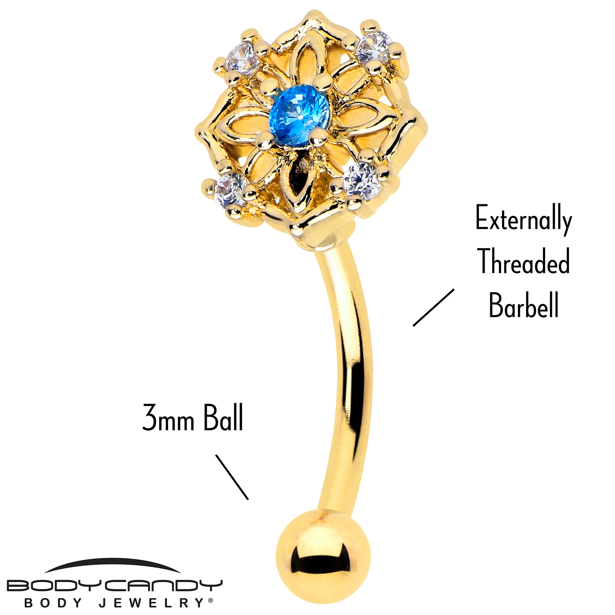 16G 5/16 Blue CZ Gem Gold Tone Flower Ring Curved Eyebrow Ring - Image 2