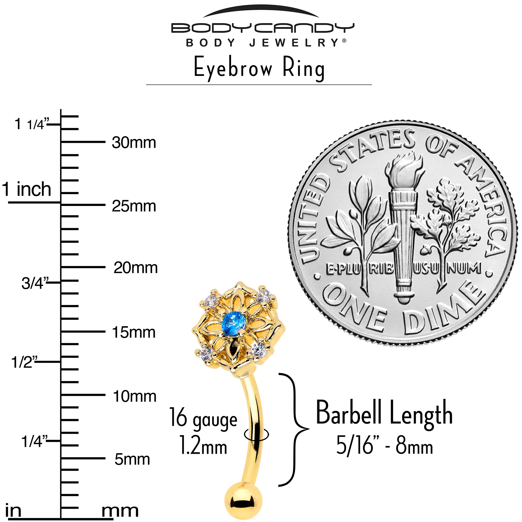 16G 5/16 Blue CZ Gem Gold Tone Flower Ring Curved Eyebrow Ring - Image 4