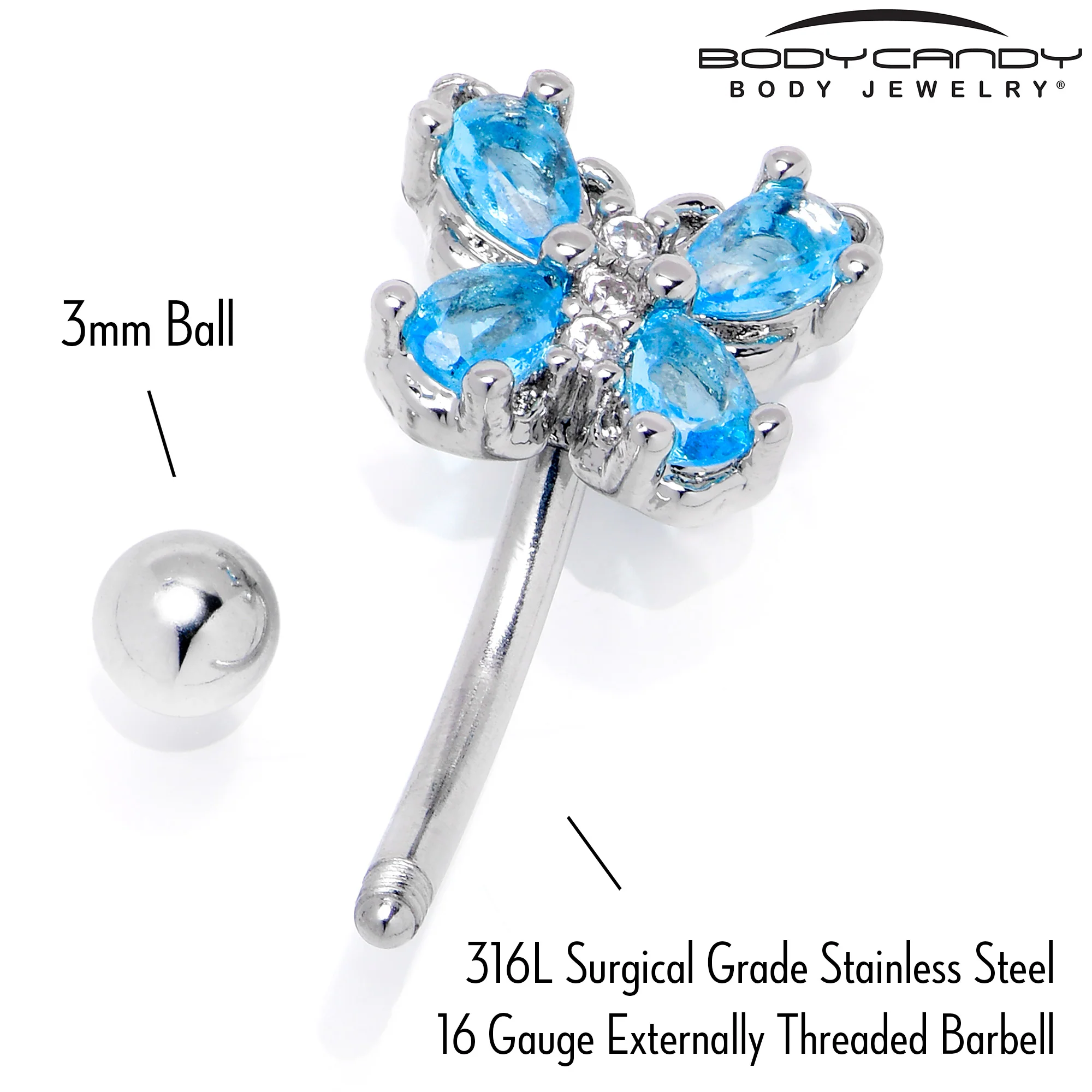 16G 5/16 Blue Gem Baroque Beauty Butterfly Curved Eyebrow Ring - Image 5