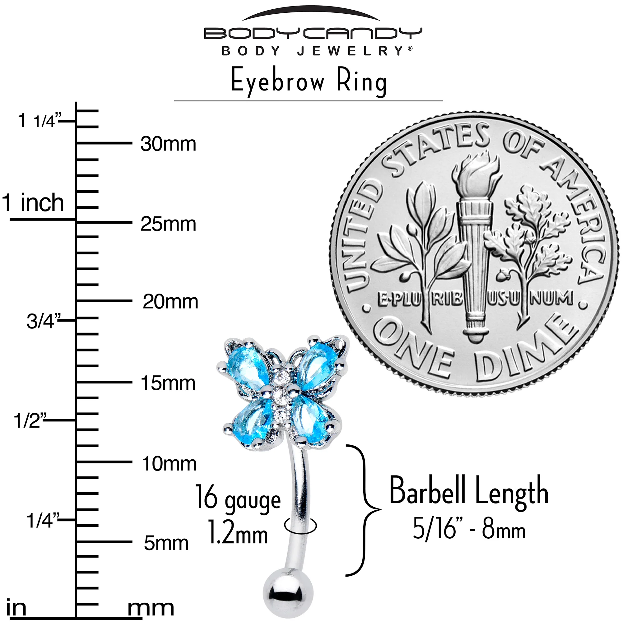 16G 5/16 Blue Gem Baroque Beauty Butterfly Curved Eyebrow Ring - Image 6