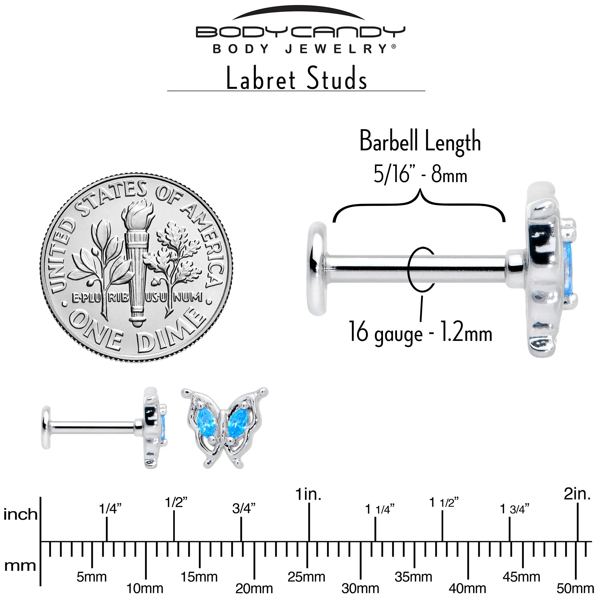 16G 5/16 Blue Gem Fancy Fab Butterfly Internally Threaded Labret - Image 6