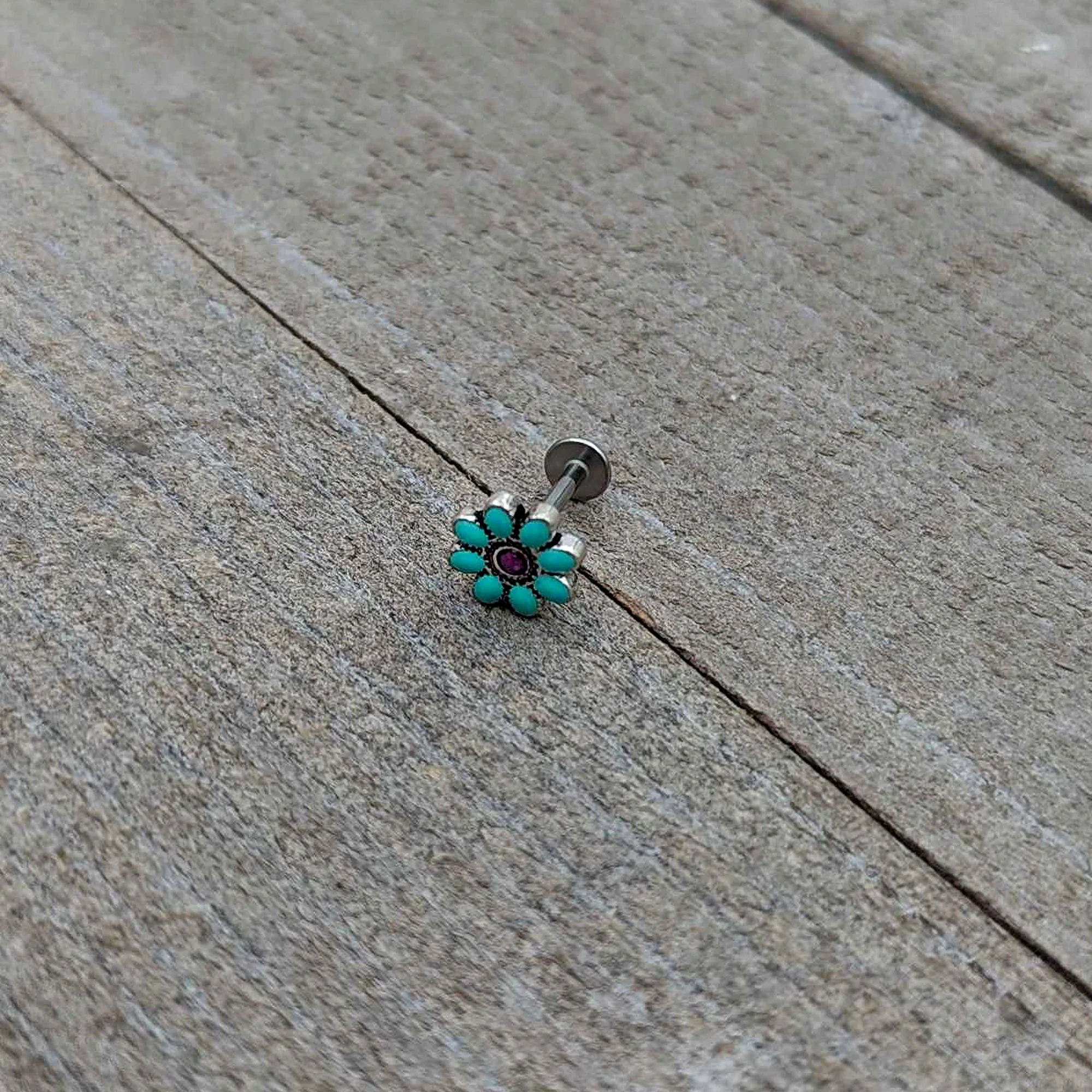 16G 5/16 Blue Gem Flower Teal Petals Labret Monroe Tragus - Image 7
