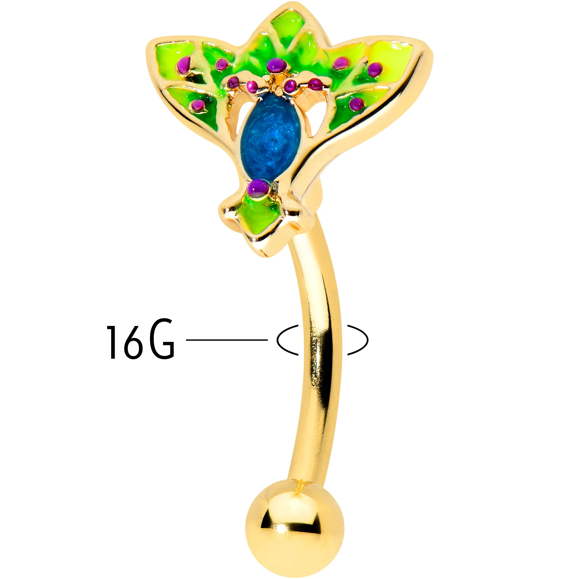 16G 5/16 Blue Gem Gold Tone Tropic Fan Curved Eyebrow Ring - Image 3