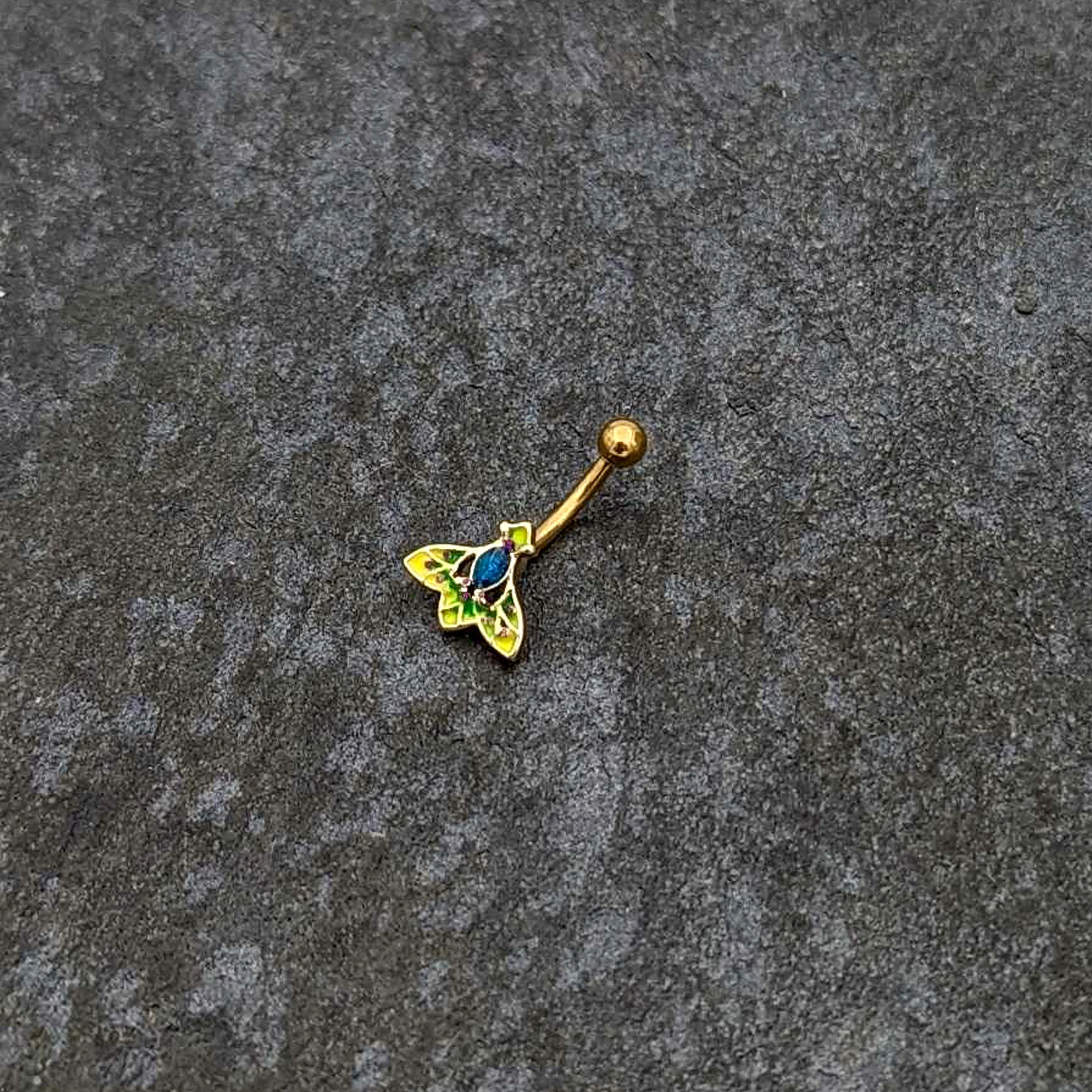 16G 5/16 Blue Gem Gold Tone Tropic Fan Curved Eyebrow Ring - Image 5