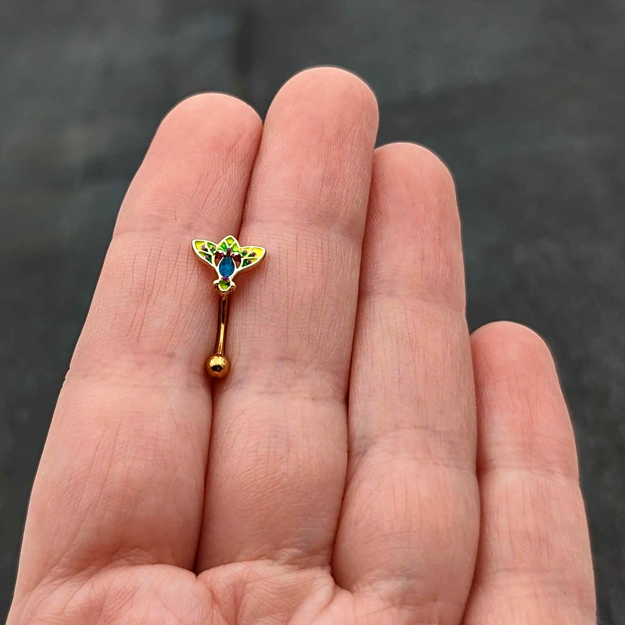 16G 5/16 Blue Gem Gold Tone Tropic Fan Curved Eyebrow Ring - Image 8