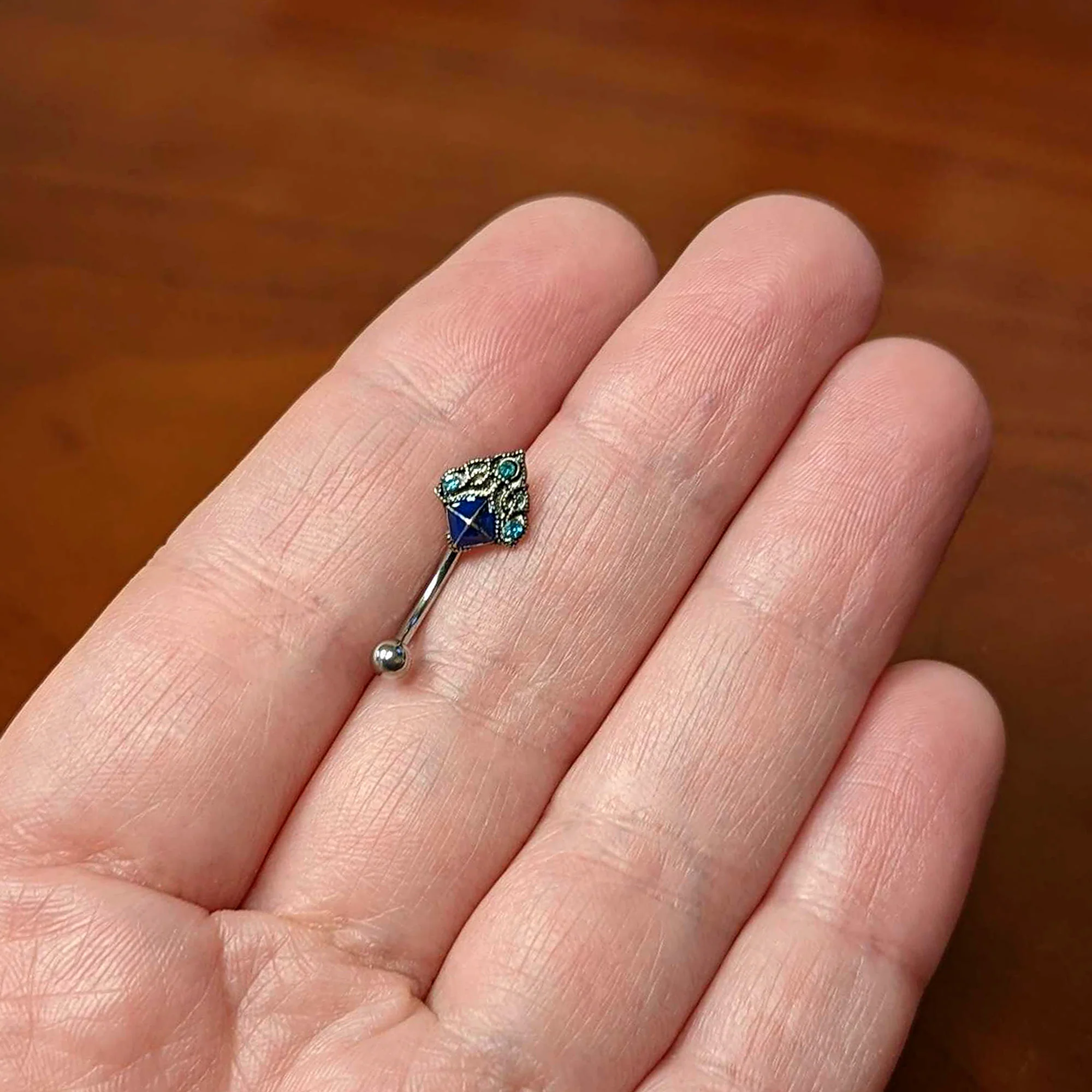 16G 5/16 Blue Gem Rococo Blue Curved Eyebrow Ring - Image 3
