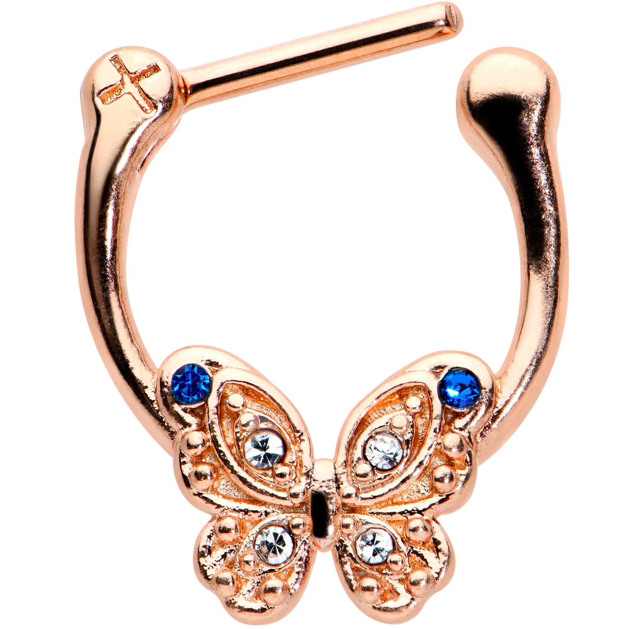 16G 5/16 Blue Gem Rose Gold Tone Butterfly Cartilage Clicker - Image 2
