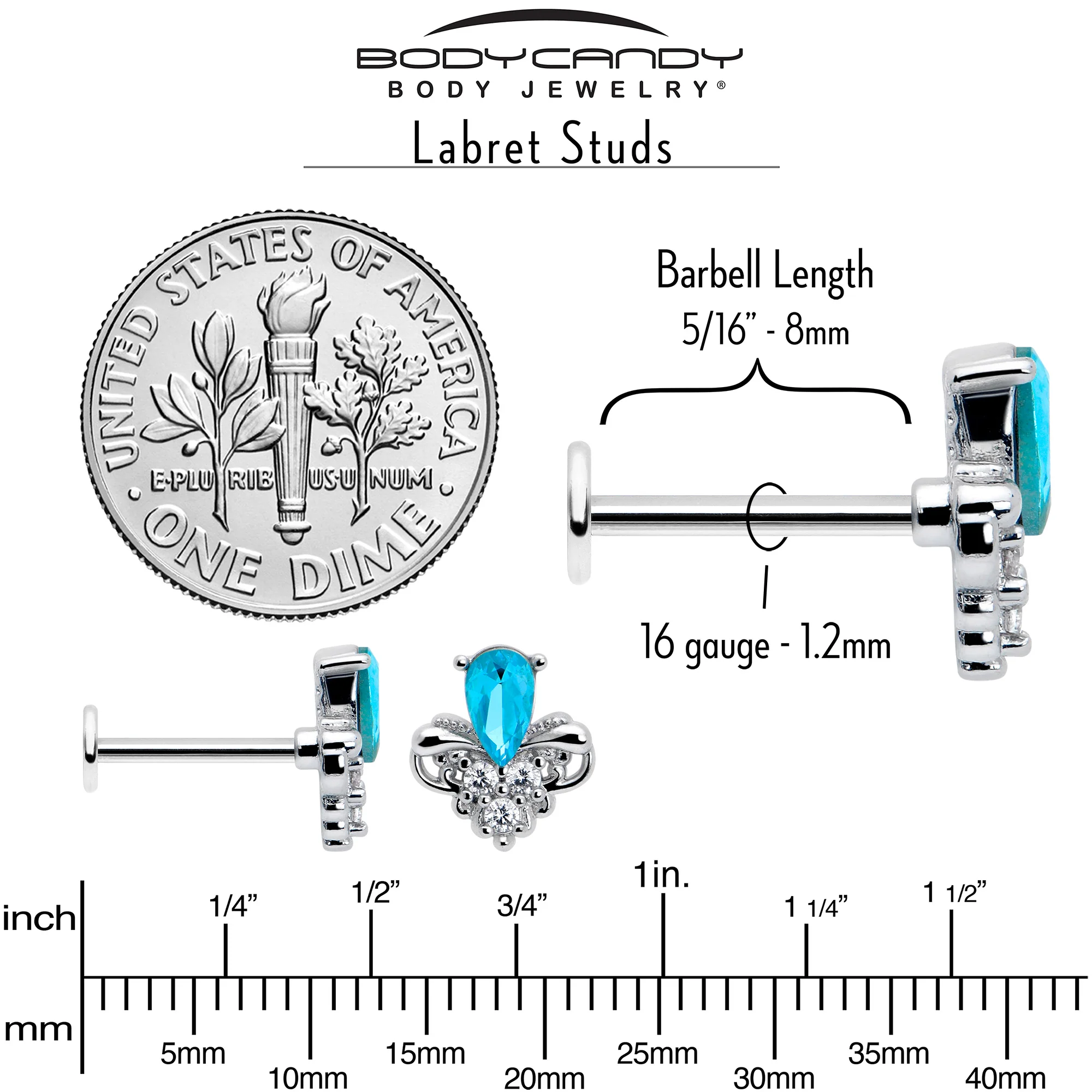 16G 5/16 Blue Gem Style Simplicity Labret Monroe Tragus - Image 5