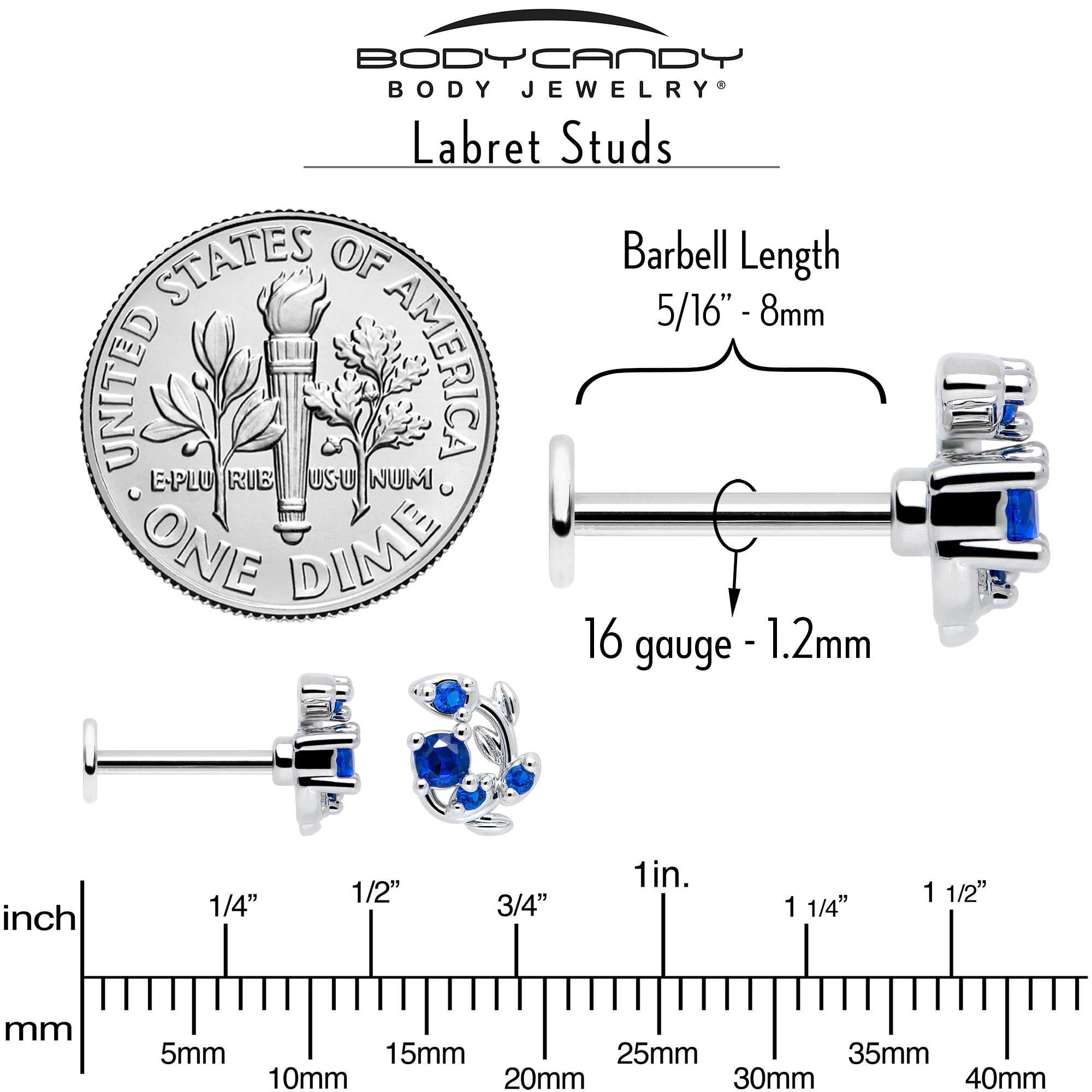 16G 5/16 Blue Gem Twining Vine Flatback Stud - Image 5