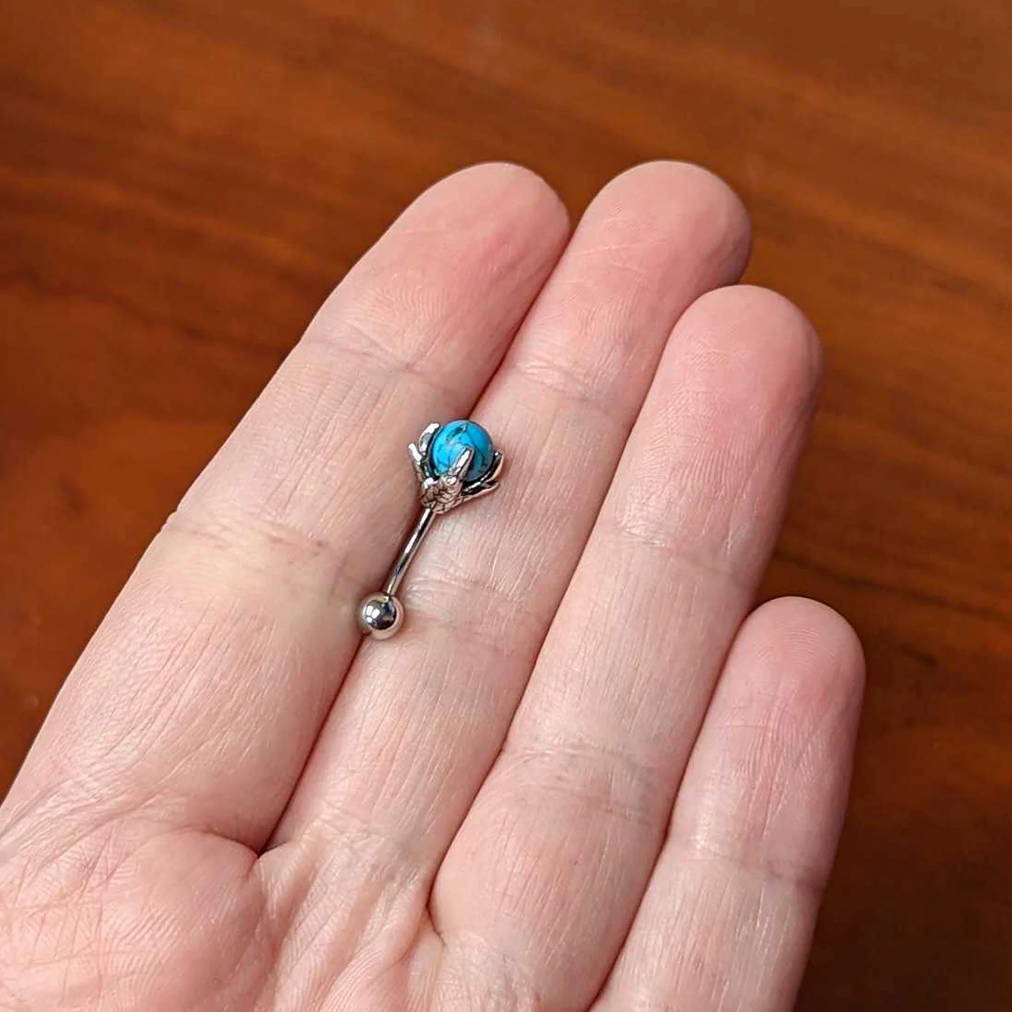 16G 5/16 Blue Turquoise Skeleton Hand Curved Eyebrow Ring - Image 4