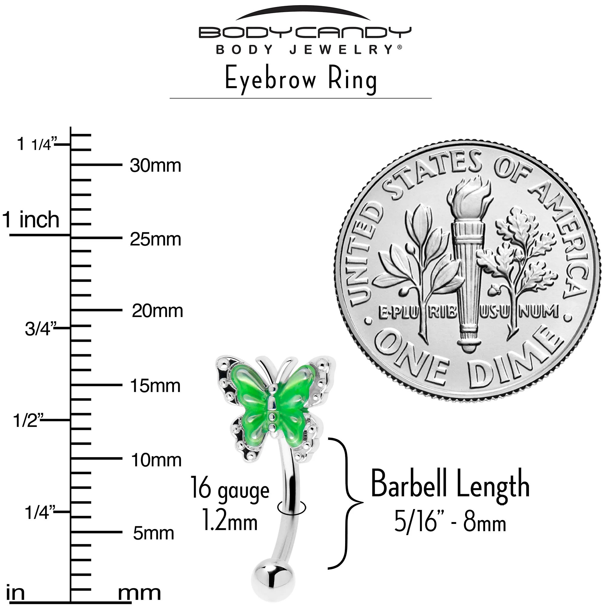 16G 5/16 Butterfly Green Splash Curved Eyebrow Ring - Image 4